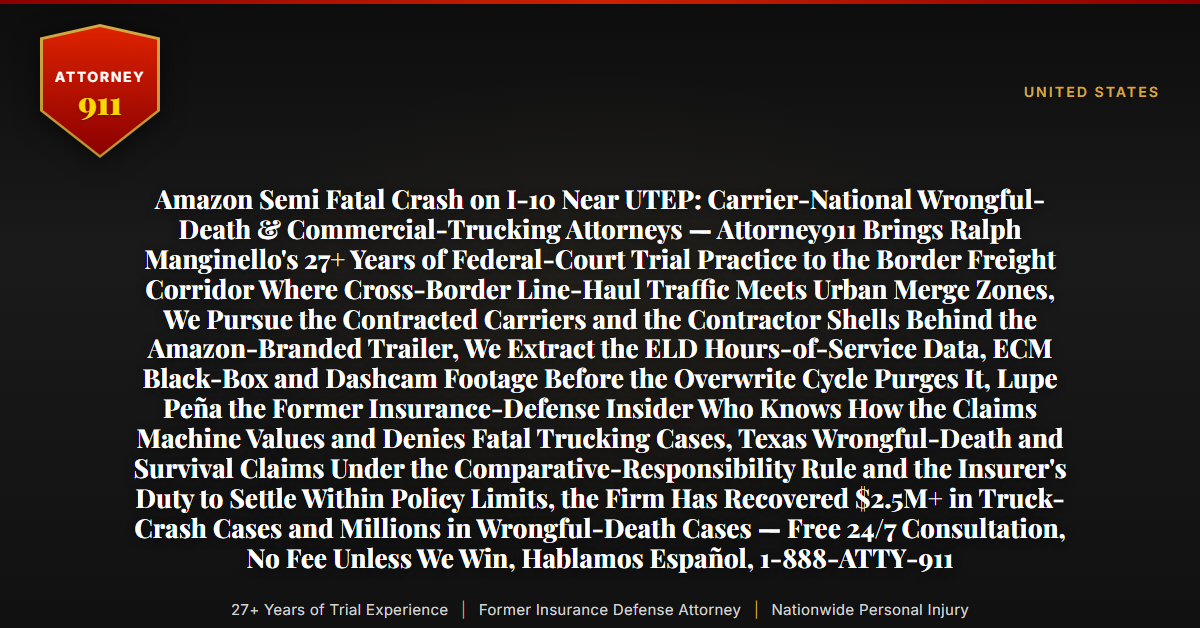 Amazon Semi Fatal Crash on I-10 Near UTEP: Carrier-National Wrongful-Death & Commercial-Trucking Attorneys — Attorney911 Brings Ralph Manginello's 27+ Years of Federal-Court Trial Practice to the Border Freight Corridor Where Cross-Border Line-Haul Traffic Meets Urban Merge Zones, We Pursue the Contracted Carriers and the Contractor Shells Behind the Amazon-Branded Trailer, We Extract the ELD Hours-of-Service Data, ECM Black-Box and Dashcam Footage Before the Overwrite Cycle Purges It, Lupe Peña the Former Insurance-Defense Insider Who Knows How the Claims Machine Values and Denies Fatal Trucking Cases, Texas Wrongful-Death and Survival Claims Under the Comparative-Responsibility Rule and the Insurer's Duty to Settle Within Policy Limits, the Firm Has Recovered $2.5M+ in Truck-Crash Cases and Millions in Wrongful-Death Cases — Free 24/7 Consultation, No Fee Unless We Win, Hablamos Español, 1-888-ATTY-911 - Attorney911