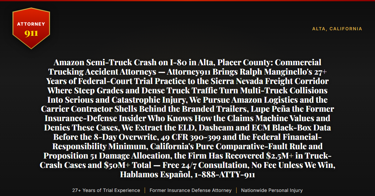 Amazon Semi-Truck Crash on I-80 in Alta, Placer County: Commercial Trucking Accident Attorneys — Attorney911 Brings Ralph Manginello's 27+ Years of Federal-Court Trial Practice to the Sierra Nevada Freight Corridor Where Steep Grades and Dense Truck Traffic Turn Multi-Truck Collisions Into Serious and Catastrophic Injury, We Pursue Amazon Logistics and the Carrier Contractor Shells Behind the Branded Trailers, Lupe Peña the Former Insurance-Defense Insider Who Knows How the Claims Machine Values and Denies These Cases, We Extract the ELD, Dashcam and ECM Black-Box Data Before the 8-Day Overwrite, 49 CFR 390-399 and the Federal Financial-Responsibility Minimum, California's Pure Comparative-Fault Rule and Proposition 51 Damage Allocation, the Firm Has Recovered $2.5M+ in Truck-Crash Cases and $50M+ Total — Free 24/7 Consultation, No Fee Unless We Win, Hablamos Español, 1-888-ATTY-911 - Attorney911