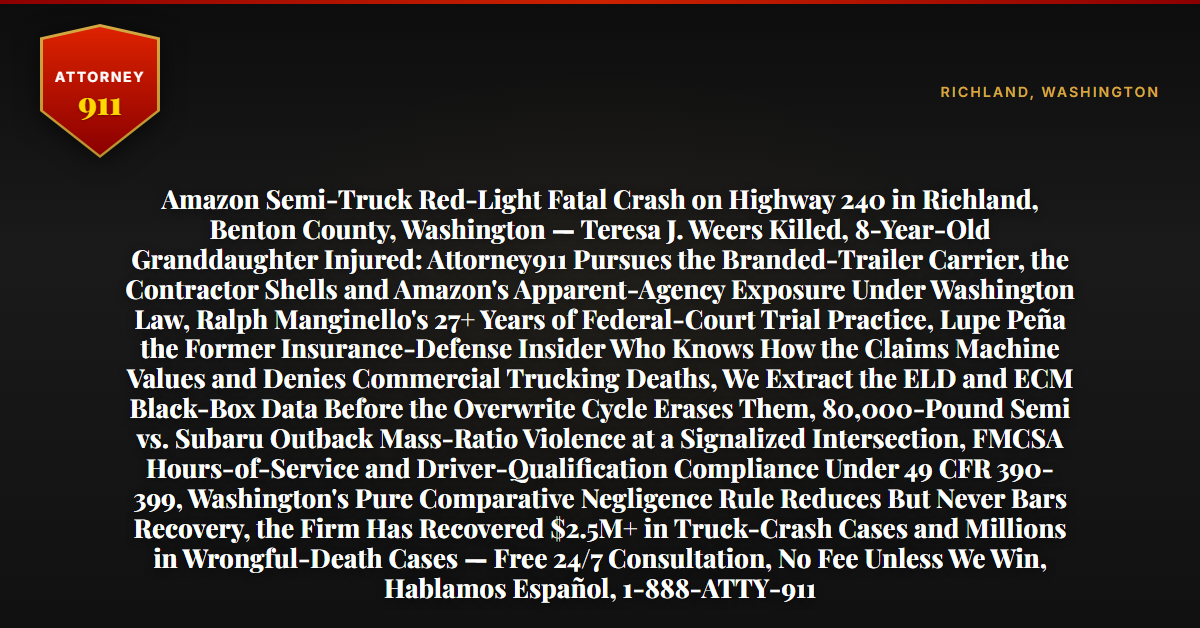 Amazon Semi-Truck Red-Light Fatal Crash on Highway 240 in Richland, Benton County, Washington — Teresa J. Weers Killed, 8-Year-Old Granddaughter Injured: Attorney911 Pursues the Branded-Trailer Carrier, the Contractor Shells and Amazon's Apparent-Agency Exposure Under Washington Law, Ralph Manginello's 27+ Years of Federal-Court Trial Practice, Lupe Peña the Former Insurance-Defense Insider Who Knows How the Claims Machine Values and Denies Commercial Trucking Deaths, We Extract the ELD and ECM Black-Box Data Before the Overwrite Cycle Erases Them, 80,000-Pound Semi vs. Subaru Outback Mass-Ratio Violence at a Signalized Intersection, FMCSA Hours-of-Service and Driver-Qualification Compliance Under 49 CFR 390-399, Washington's Pure Comparative Negligence Rule Reduces But Never Bars Recovery, the Firm Has Recovered $2.5M+ in Truck-Crash Cases and Millions in Wrongful-Death Cases — Free 24/7 Consultation, No Fee Unless We Win, Hablamos Español, 1-888-ATTY-911 - Attorney911