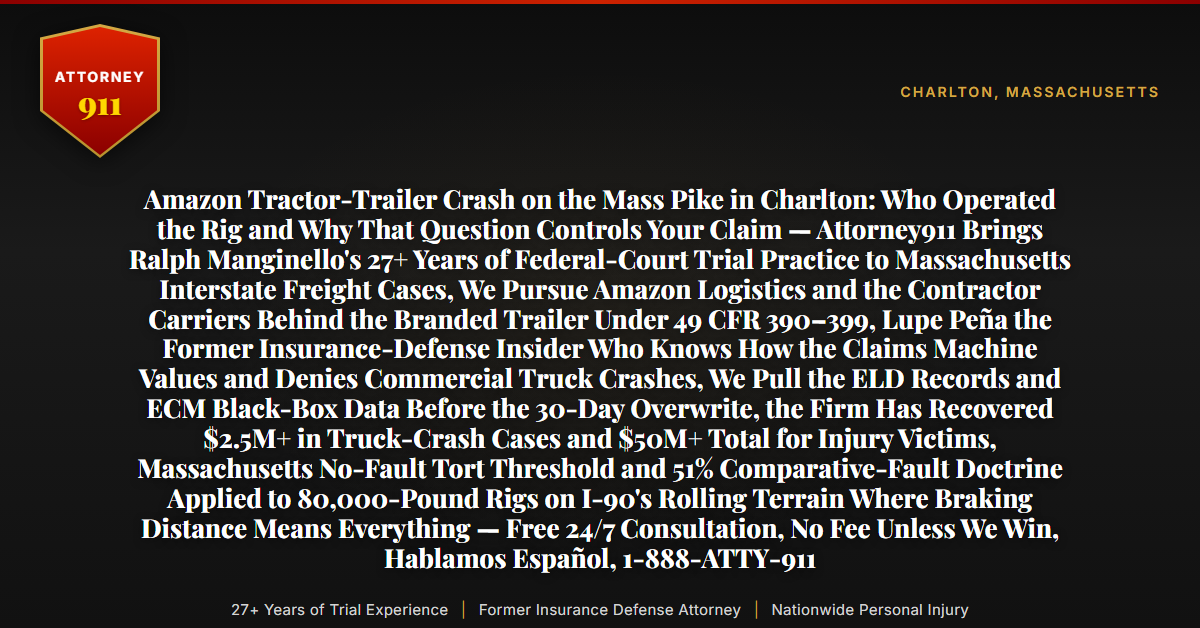 Amazon Tractor-Trailer Crash on the Mass Pike in Charlton: Who Operated the Rig and Why That Question Controls Your Claim — Attorney911 Brings Ralph Manginello's 27+ Years of Federal-Court Trial Practice to Massachusetts Interstate Freight Cases, We Pursue Amazon Logistics and the Contractor Carriers Behind the Branded Trailer Under 49 CFR 390–399, Lupe Peña the Former Insurance-Defense Insider Who Knows How the Claims Machine Values and Denies Commercial Truck Crashes, We Pull the ELD Records and ECM Black-Box Data Before the 30-Day Overwrite, the Firm Has Recovered $2.5M+ in Truck-Crash Cases and $50M+ Total for Injury Victims, Massachusetts No-Fault Tort Threshold and 51% Comparative-Fault Doctrine Applied to 80,000-Pound Rigs on I-90's Rolling Terrain Where Braking Distance Means Everything — Free 24/7 Consultation, No Fee Unless We Win, Hablamos Español, 1-888-ATTY-911 - Attorney911