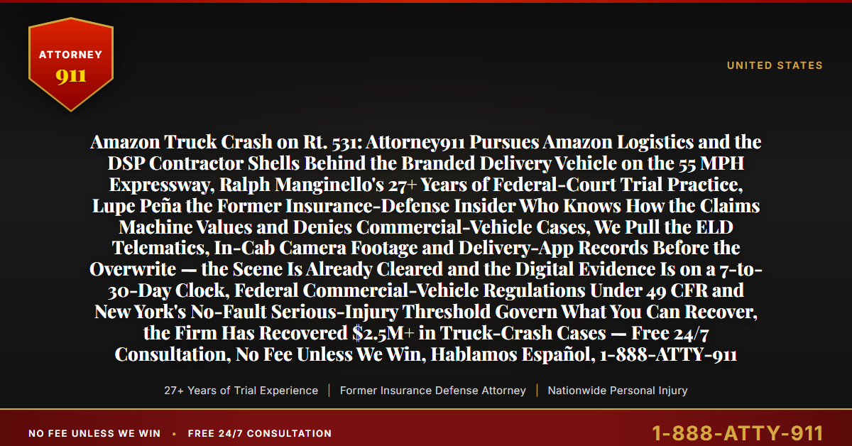 Amazon Truck Crash on Rt. 531: Attorney911 Pursues Amazon Logistics and the DSP Contractor Shells Behind the Branded Delivery Vehicle on the 55 MPH Expressway, Ralph Manginello's 27+ Years of Federal-Court Trial Practice, Lupe Peña the Former Insurance-Defense Insider Who Knows How the Claims Machine Values and Denies Commercial-Vehicle Cases, We Pull the ELD Telematics, In-Cab Camera Footage and Delivery-App Records Before the Overwrite — the Scene Is Already Cleared and the Digital Evidence Is on a 7-to-30-Day Clock, Federal Commercial-Vehicle Regulations Under 49 CFR and New York's No-Fault Serious-Injury Threshold Govern What You Can Recover, the Firm Has Recovered $2.5M+ in Truck-Crash Cases — Free 24/7 Consultation, No Fee Unless We Win, Hablamos Español, 1-888-ATTY-911 - Attorney911