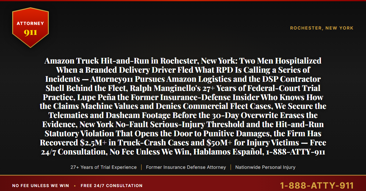 Amazon Truck Hit-and-Run in Rochester, New York: Two Men Hospitalized When a Branded Delivery Driver Fled What RPD Is Calling a Series of Incidents — Attorney911 Pursues Amazon Logistics and the DSP Contractor Shell Behind the Fleet, Ralph Manginello's 27+ Years of Federal-Court Trial Practice, Lupe Peña the Former Insurance-Defense Insider Who Knows How the Claims Machine Values and Denies Commercial Fleet Cases, We Secure the Telematics and Dashcam Footage Before the 30-Day Overwrite Erases the Evidence, New York No-Fault Serious-Injury Threshold and the Hit-and-Run Statutory Violation That Opens the Door to Punitive Damages, the Firm Has Recovered $2.5M+ in Truck-Crash Cases and $50M+ for Injury Victims — Free 24/7 Consultation, No Fee Unless We Win, Hablamos Español, 1-888-ATTY-911 - Attorney911