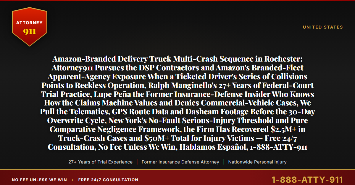 Amazon-Branded Delivery Truck Multi-Crash Sequence in Rochester: Attorney911 Pursues the DSP Contractors and Amazon's Branded-Fleet Apparent-Agency Exposure When a Ticketed Driver's Series of Collisions Points to Reckless Operation, Ralph Manginello's 27+ Years of Federal-Court Trial Practice, Lupe Peña the Former Insurance-Defense Insider Who Knows How the Claims Machine Values and Denies Commercial-Vehicle Cases, We Pull the Telematics, GPS Route Data and Dashcam Footage Before the 30-Day Overwrite Cycle, New York's No-Fault Serious-Injury Threshold and Pure Comparative Negligence Framework, the Firm Has Recovered $2.5M+ in Truck-Crash Cases and $50M+ Total for Injury Victims — Free 24/7 Consultation, No Fee Unless We Win, Hablamos Español, 1-888-ATTY-911 - Attorney911