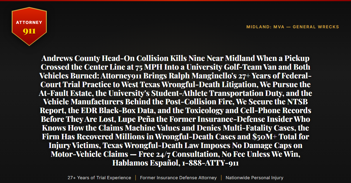 Andrews County Head-On Collision Kills Nine Near Midland When a Pickup Crossed the Center Line at 75 MPH Into a University Golf-Team Van and Both Vehicles Burned: Attorney911 Brings Ralph Manginello's 27+ Years of Federal-Court Trial Practice to West Texas Wrongful-Death Litigation, We Pursue the At-Fault Estate, the University's Student-Athlete Transportation Duty, and the Vehicle Manufacturers Behind the Post-Collision Fire, We Secure the NTSB Report, the EDR Black-Box Data, and the Toxicology and Cell-Phone Records Before They Are Lost, Lupe Peña the Former Insurance-Defense Insider Who Knows How the Claims Machine Values and Denies Multi-Fatality Cases, the Firm Has Recovered Millions in Wrongful-Death Cases and $50M+ Total for Injury Victims, Texas Wrongful-Death Law Imposes No Damage Caps on Motor-Vehicle Claims — Free 24/7 Consultation, No Fee Unless We Win, Hablamos Español, 1-888-ATTY-911 - Attorney911
