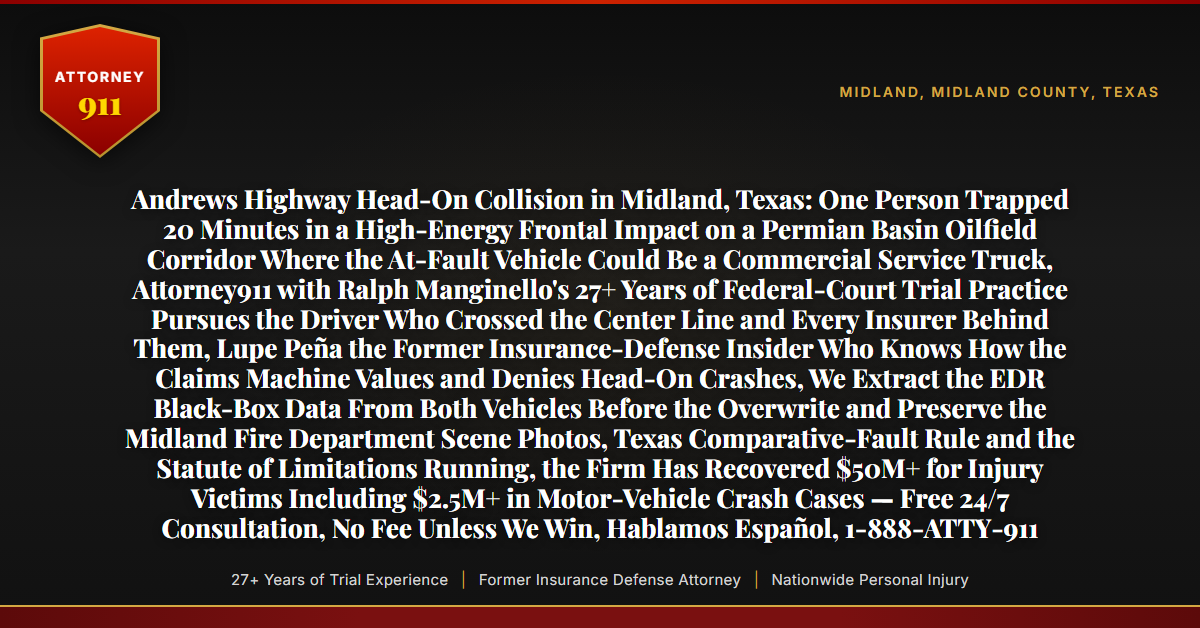 Andrews Highway Head-On Collision in Midland, Texas: One Person Trapped 20 Minutes in a High-Energy Frontal Impact on a Permian Basin Oilfield Corridor Where the At-Fault Vehicle Could Be a Commercial Service Truck, Attorney911 with Ralph Manginello's 27+ Years of Federal-Court Trial Practice Pursues the Driver Who Crossed the Center Line and Every Insurer Behind Them, Lupe Peña the Former Insurance-Defense Insider Who Knows How the Claims Machine Values and Denies Head-On Crashes, We Extract the EDR Black-Box Data From Both Vehicles Before the Overwrite and Preserve the Midland Fire Department Scene Photos, Texas Comparative-Fault Rule and the Statute of Limitations Running, the Firm Has Recovered $50M+ for Injury Victims Including $2.5M+ in Motor-Vehicle Crash Cases — Free 24/7 Consultation, No Fee Unless We Win, Hablamos Español, 1-888-ATTY-911 - Attorney911