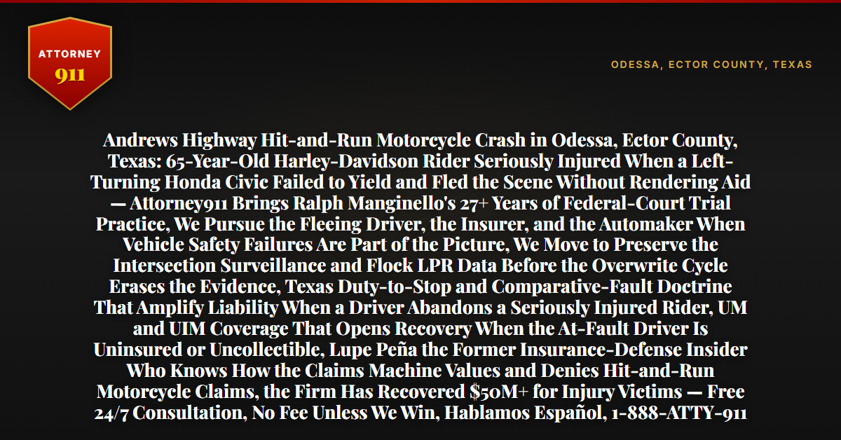 Andrews Highway Hit-and-Run Motorcycle Crash in Odessa, Ector County, Texas: 65-Year-Old Harley-Davidson Rider Seriously Injured When a Left-Turning Honda Civic Failed to Yield and Fled the Scene Without Rendering Aid — Attorney911 Brings Ralph Manginello's 27+ Years of Federal-Court Trial Practice, We Pursue the Fleeing Driver, the Insurer, and the Automaker When Vehicle Safety Failures Are Part of the Picture, We Move to Preserve the Intersection Surveillance and Flock LPR Data Before the Overwrite Cycle Erases the Evidence, Texas Duty-to-Stop and Comparative-Fault Doctrine That Amplify Liability When a Driver Abandons a Seriously Injured Rider, UM and UIM Coverage That Opens Recovery When the At-Fault Driver Is Uninsured or Uncollectible, Lupe Peña the Former Insurance-Defense Insider Who Knows How the Claims Machine Values and Denies Hit-and-Run Motorcycle Claims, the Firm Has Recovered $50M+ for Injury Victims — Free 24/7 Consultation, No Fee Unless We Win, Hablamos Español, 1-888-ATTY-911 - Attorney911