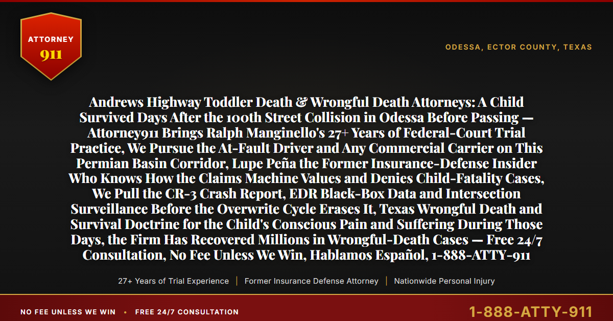Andrews Highway Toddler Death & Wrongful Death Attorneys: A Child Survived Days After the 100th Street Collision in Odessa Before Passing — Attorney911 Brings Ralph Manginello's 27+ Years of Federal-Court Trial Practice, We Pursue the At-Fault Driver and Any Commercial Carrier on This Permian Basin Corridor, Lupe Peña the Former Insurance-Defense Insider Who Knows How the Claims Machine Values and Denies Child-Fatality Cases, We Pull the CR-3 Crash Report, EDR Black-Box Data and Intersection Surveillance Before the Overwrite Cycle Erases It, Texas Wrongful Death and Survival Doctrine for the Child's Conscious Pain and Suffering During Those Days, the Firm Has Recovered Millions in Wrongful-Death Cases — Free 24/7 Consultation, No Fee Unless We Win, Hablamos Español, 1-888-ATTY-911 - Attorney911