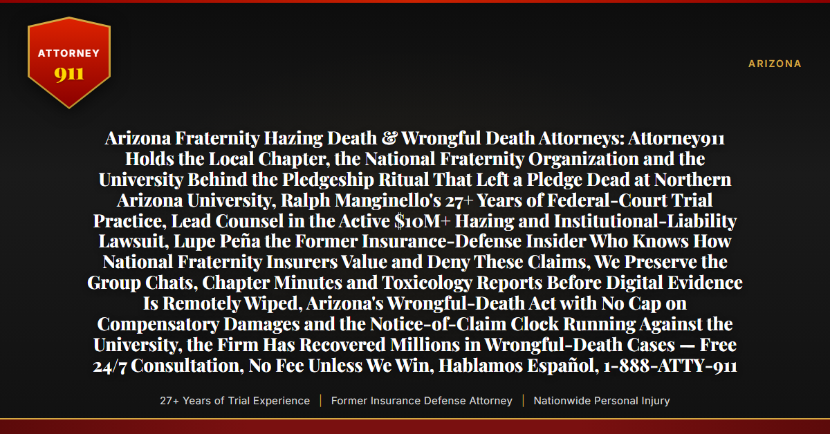 Arizona Fraternity Hazing Death & Wrongful Death Attorneys: Attorney911 Holds the Local Chapter, the National Fraternity Organization and the University Behind the Pledgeship Ritual That Left a Pledge Dead at Northern Arizona University, Ralph Manginello's 27+ Years of Federal-Court Trial Practice, Lead Counsel in the Active $10M+ Hazing and Institutional-Liability Lawsuit, Lupe Peña the Former Insurance-Defense Insider Who Knows How National Fraternity Insurers Value and Deny These Claims, We Preserve the Group Chats, Chapter Minutes and Toxicology Reports Before Digital Evidence Is Remotely Wiped, Arizona's Wrongful-Death Act with No Cap on Compensatory Damages and the Notice-of-Claim Clock Running Against the University, the Firm Has Recovered Millions in Wrongful-Death Cases — Free 24/7 Consultation, No Fee Unless We Win, Hablamos Español, 1-888-ATTY-911 - Attorney911