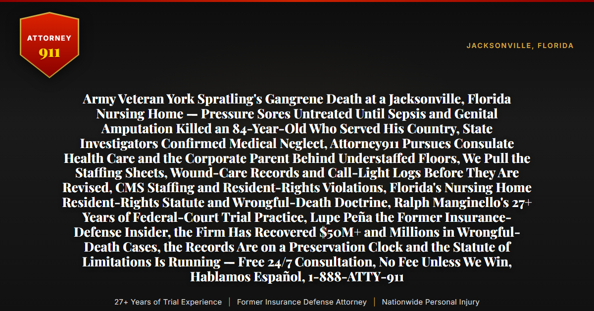 Army Veteran York Spratling's Gangrene Death at a Jacksonville, Florida Nursing Home — Pressure Sores Untreated Until Sepsis and Genital Amputation Killed an 84-Year-Old Who Served His Country, State Investigators Confirmed Medical Neglect, Attorney911 Pursues Consulate Health Care and the Corporate Parent Behind Understaffed Floors, We Pull the Staffing Sheets, Wound-Care Records and Call-Light Logs Before They Are Revised, CMS Staffing and Resident-Rights Violations, Florida's Nursing Home Resident-Rights Statute and Wrongful-Death Doctrine, Ralph Manginello's 27+ Years of Federal-Court Trial Practice, Lupe Peña the Former Insurance-Defense Insider, the Firm Has Recovered $50M+ and Millions in Wrongful-Death Cases, the Records Are on a Preservation Clock and the Statute of Limitations Is Running — Free 24/7 Consultation, No Fee Unless We Win, Hablamos Español, 1-888-ATTY-911 - Attorney911