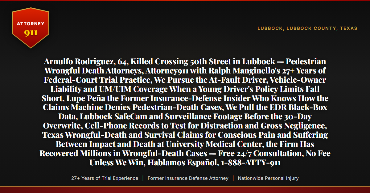Arnulfo Rodriguez, 64, Killed Crossing 50th Street in Lubbock — Pedestrian Wrongful Death Attorneys, Attorney911 with Ralph Manginello's 27+ Years of Federal-Court Trial Practice, We Pursue the At-Fault Driver, Vehicle-Owner Liability and UM/UIM Coverage When a Young Driver's Policy Limits Fall Short, Lupe Peña the Former Insurance-Defense Insider Who Knows How the Claims Machine Denies Pedestrian-Death Cases, We Pull the EDR Black-Box Data, Lubbock SafeCam and Surveillance Footage Before the 30-Day Overwrite, Cell-Phone Records to Test for Distraction and Gross Negligence, Texas Wrongful-Death and Survival Claims for Conscious Pain and Suffering Between Impact and Death at University Medical Center, the Firm Has Recovered Millions in Wrongful-Death Cases — Free 24/7 Consultation, No Fee Unless We Win, Hablamos Español, 1-888-ATTY-911 - Attorney911