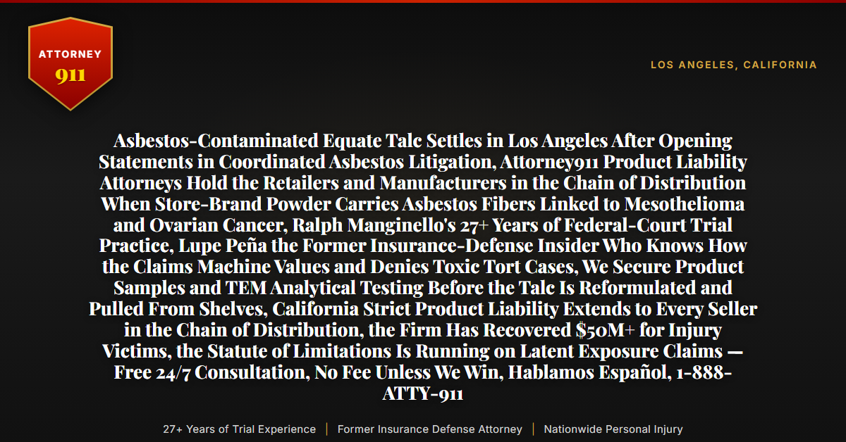 Asbestos-Contaminated Equate Talc Settles in Los Angeles After Opening Statements in Coordinated Asbestos Litigation, Attorney911 Product Liability Attorneys Hold the Retailers and Manufacturers in the Chain of Distribution When Store-Brand Powder Carries Asbestos Fibers Linked to Mesothelioma and Ovarian Cancer, Ralph Manginello's 27+ Years of Federal-Court Trial Practice, Lupe Peña the Former Insurance-Defense Insider Who Knows How the Claims Machine Values and Denies Toxic Tort Cases, We Secure Product Samples and TEM Analytical Testing Before the Talc Is Reformulated and Pulled From Shelves, California Strict Product Liability Extends to Every Seller in the Chain of Distribution, the Firm Has Recovered $50M+ for Injury Victims, the Statute of Limitations Is Running on Latent Exposure Claims — Free 24/7 Consultation, No Fee Unless We Win, Hablamos Español, 1-888-ATTY-911 - Attorney911