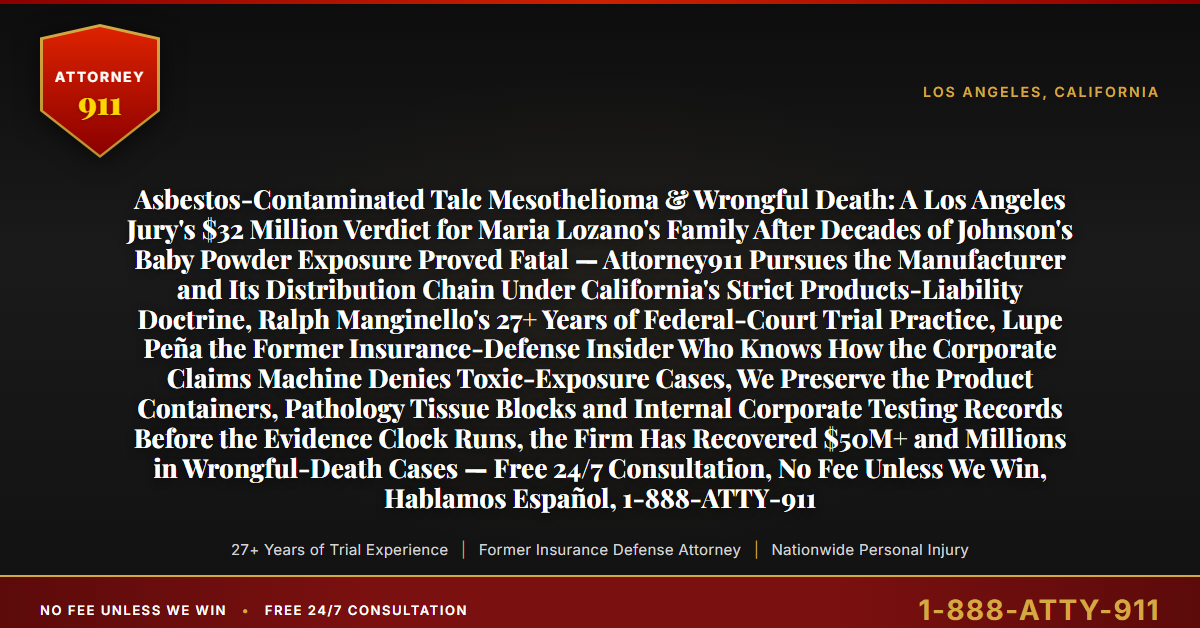 Asbestos-Contaminated Talc Mesothelioma & Wrongful Death: A Los Angeles Jury's $32 Million Verdict for Maria Lozano's Family After Decades of Johnson's Baby Powder Exposure Proved Fatal — Attorney911 Pursues the Manufacturer and Its Distribution Chain Under California's Strict Products-Liability Doctrine, Ralph Manginello's 27+ Years of Federal-Court Trial Practice, Lupe Peña the Former Insurance-Defense Insider Who Knows How the Corporate Claims Machine Denies Toxic-Exposure Cases, We Preserve the Product Containers, Pathology Tissue Blocks and Internal Corporate Testing Records Before the Evidence Clock Runs, the Firm Has Recovered $50M+ and Millions in Wrongful-Death Cases — Free 24/7 Consultation, No Fee Unless We Win, Hablamos Español, 1-888-ATTY-911 - Attorney911