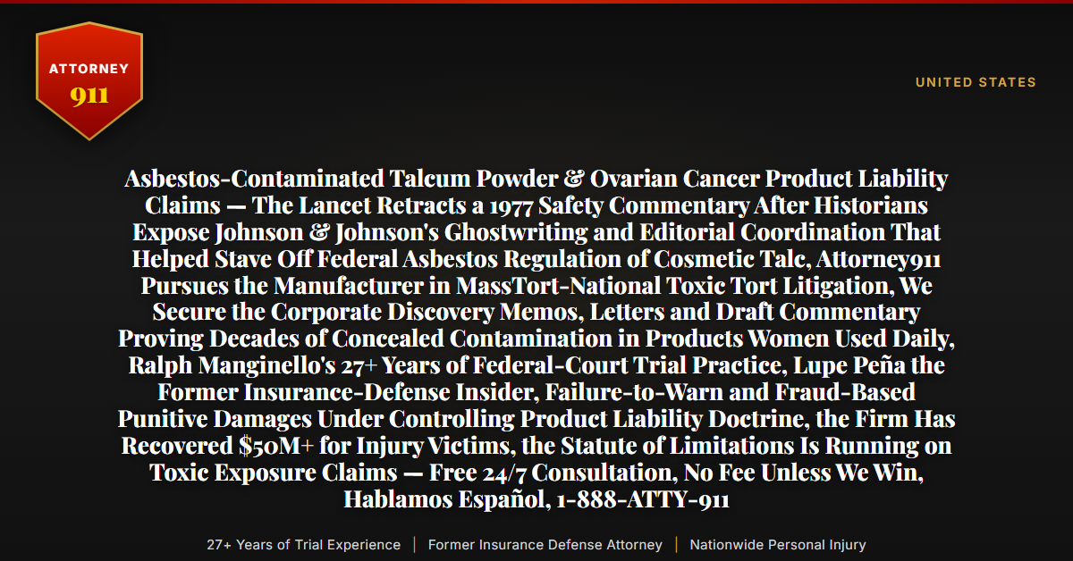 Asbestos-Contaminated Talcum Powder & Ovarian Cancer Product Liability Claims — The Lancet Retracts a 1977 Safety Commentary After Historians Expose Johnson & Johnson's Ghostwriting and Editorial Coordination That Helped Stave Off Federal Asbestos Regulation of Cosmetic Talc, Attorney911 Pursues the Manufacturer in MassTort-National Toxic Tort Litigation, We Secure the Corporate Discovery Memos, Letters and Draft Commentary Proving Decades of Concealed Contamination in Products Women Used Daily, Ralph Manginello's 27+ Years of Federal-Court Trial Practice, Lupe Peña the Former Insurance-Defense Insider, Failure-to-Warn and Fraud-Based Punitive Damages Under Controlling Product Liability Doctrine, the Firm Has Recovered $50M+ for Injury Victims, the Statute of Limitations Is Running on Toxic Exposure Claims — Free 24/7 Consultation, No Fee Unless We Win, Hablamos Español, 1-888-ATTY-911 - Attorney911