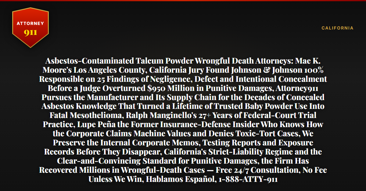 Asbestos-Contaminated Talcum Powder Wrongful Death Attorneys: Mae K. Moore's Los Angeles County, California Jury Found Johnson & Johnson 100% Responsible on 25 Findings of Negligence, Defect and Intentional Concealment Before a Judge Overturned $950 Million in Punitive Damages, Attorney911 Pursues the Manufacturer and Its Supply Chain for the Decades of Concealed Asbestos Knowledge That Turned a Lifetime of Trusted Baby Powder Use Into Fatal Mesothelioma, Ralph Manginello's 27+ Years of Federal-Court Trial Practice, Lupe Peña the Former Insurance-Defense Insider Who Knows How the Corporate Claims Machine Values and Denies Toxic-Tort Cases, We Preserve the Internal Corporate Memos, Testing Reports and Exposure Records Before They Disappear, California's Strict-Liability Regime and the Clear-and-Convincing Standard for Punitive Damages, the Firm Has Recovered Millions in Wrongful-Death Cases — Free 24/7 Consultation, No Fee Unless We Win, Hablamos Español, 1-888-ATTY-911 - Attorney911
