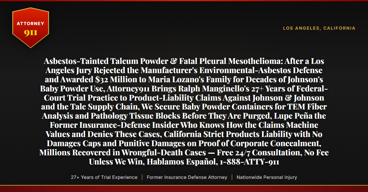 Asbestos-Tainted Talcum Powder & Fatal Pleural Mesothelioma: After a Los Angeles Jury Rejected the Manufacturer's Environmental-Asbestos Defense and Awarded $32 Million to Maria Lozano's Family for Decades of Johnson's Baby Powder Use, Attorney911 Brings Ralph Manginello's 27+ Years of Federal-Court Trial Practice to Product-Liability Claims Against Johnson & Johnson and the Talc Supply Chain, We Secure Baby Powder Containers for TEM Fiber Analysis and Pathology Tissue Blocks Before They Are Purged, Lupe Peña the Former Insurance-Defense Insider Who Knows How the Claims Machine Values and Denies These Cases, California Strict Products Liability with No Damages Caps and Punitive Damages on Proof of Corporate Concealment, Millions Recovered in Wrongful-Death Cases — Free 24/7 Consultation, No Fee Unless We Win, Hablamos Español, 1-888-ATTY-911 - Attorney911
