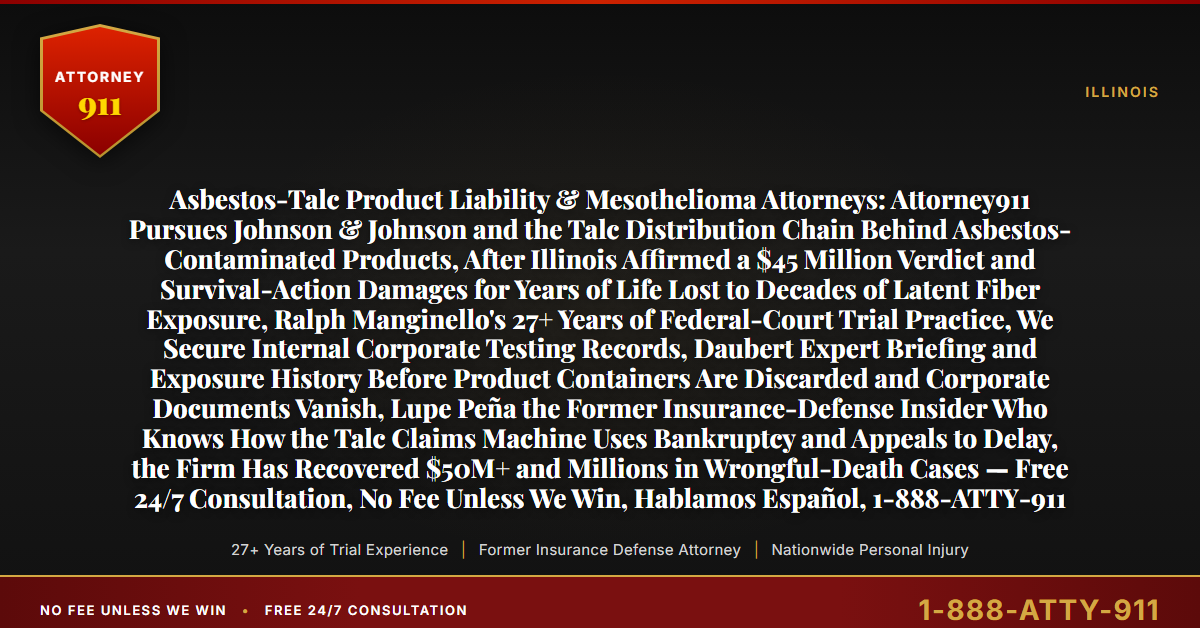 Asbestos-Talc Product Liability & Mesothelioma Attorneys: Attorney911 Pursues Johnson & Johnson and the Talc Distribution Chain Behind Asbestos-Contaminated Products, After Illinois Affirmed a $45 Million Verdict and Survival-Action Damages for Years of Life Lost to Decades of Latent Fiber Exposure, Ralph Manginello's 27+ Years of Federal-Court Trial Practice, We Secure Internal Corporate Testing Records, Daubert Expert Briefing and Exposure History Before Product Containers Are Discarded and Corporate Documents Vanish, Lupe Peña the Former Insurance-Defense Insider Who Knows How the Talc Claims Machine Uses Bankruptcy and Appeals to Delay, the Firm Has Recovered $50M+ and Millions in Wrongful-Death Cases — Free 24/7 Consultation, No Fee Unless We Win, Hablamos Español, 1-888-ATTY-911 - Attorney911