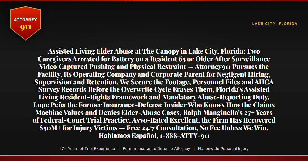 Assisted Living Elder Abuse at The Canopy in Lake City, Florida: Two Caregivers Arrested for Battery on a Resident 65 or Older After Surveillance Video Captured Pushing and Physical Restraint — Attorney911 Pursues the Facility, Its Operating Company and Corporate Parent for Negligent Hiring, Supervision and Retention, We Secure the Footage, Personnel Files and AHCA Survey Records Before the Overwrite Cycle Erases Them, Florida's Assisted Living Resident-Rights Framework and Mandatory Abuse-Reporting Duty, Lupe Peña the Former Insurance-Defense Insider Who Knows How the Claims Machine Values and Denies Elder-Abuse Cases, Ralph Manginello's 27+ Years of Federal-Court Trial Practice, Avvo-Rated Excellent, the Firm Has Recovered $50M+ for Injury Victims — Free 24/7 Consultation, No Fee Unless We Win, Hablamos Español, 1-888-ATTY-911 - Attorney911