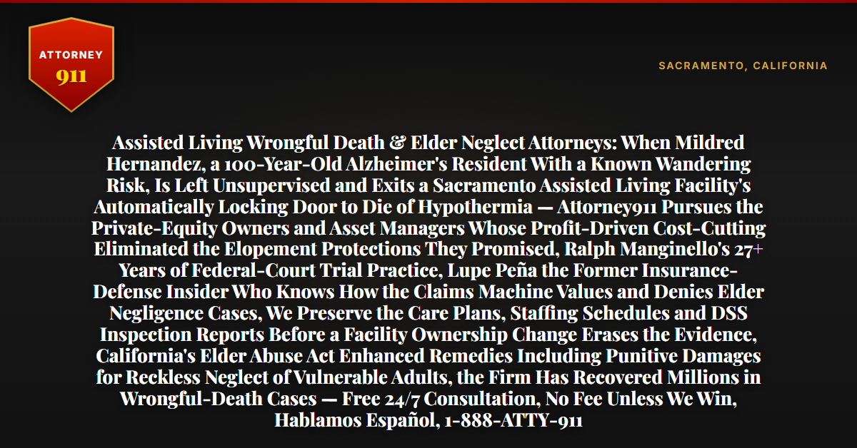 Assisted Living Wrongful Death & Elder Neglect Attorneys: When Mildred Hernandez, a 100-Year-Old Alzheimer's Resident With a Known Wandering Risk, Is Left Unsupervised and Exits a Sacramento Assisted Living Facility's Automatically Locking Door to Die of Hypothermia — Attorney911 Pursues the Private-Equity Owners and Asset Managers Whose Profit-Driven Cost-Cutting Eliminated the Elopement Protections They Promised, Ralph Manginello's 27+ Years of Federal-Court Trial Practice, Lupe Peña the Former Insurance-Defense Insider Who Knows How the Claims Machine Values and Denies Elder Negligence Cases, We Preserve the Care Plans, Staffing Schedules and DSS Inspection Reports Before a Facility Ownership Change Erases the Evidence, California's Elder Abuse Act Enhanced Remedies Including Punitive Damages for Reckless Neglect of Vulnerable Adults, the Firm Has Recovered Millions in Wrongful-Death Cases — Free 24/7 Consultation, No Fee Unless We Win, Hablamos Español, 1-888-ATTY-911 - Attorney911