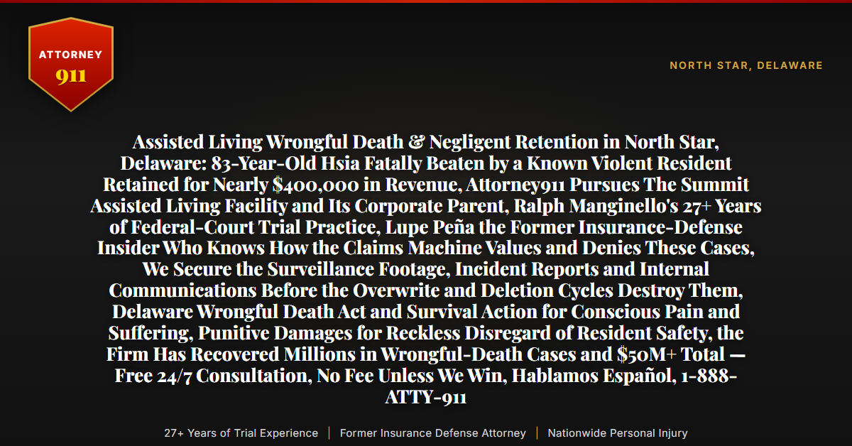 Assisted Living Wrongful Death & Negligent Retention in North Star, Delaware: 83-Year-Old Hsia Fatally Beaten by a Known Violent Resident Retained for Nearly $400,000 in Revenue, Attorney911 Pursues The Summit Assisted Living Facility and Its Corporate Parent, Ralph Manginello's 27+ Years of Federal-Court Trial Practice, Lupe Peña the Former Insurance-Defense Insider Who Knows How the Claims Machine Values and Denies These Cases, We Secure the Surveillance Footage, Incident Reports and Internal Communications Before the Overwrite and Deletion Cycles Destroy Them, Delaware Wrongful Death Act and Survival Action for Conscious Pain and Suffering, Punitive Damages for Reckless Disregard of Resident Safety, the Firm Has Recovered Millions in Wrongful-Death Cases and $50M+ Total — Free 24/7 Consultation, No Fee Unless We Win, Hablamos Español, 1-888-ATTY-911 - Attorney911