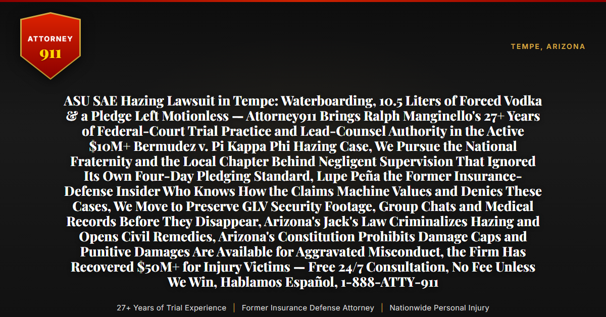 ASU SAE Hazing Lawsuit in Tempe: Waterboarding, 10.5 Liters of Forced Vodka & a Pledge Left Motionless — Attorney911 Brings Ralph Manginello's 27+ Years of Federal-Court Trial Practice and Lead-Counsel Authority in the Active $10M+ Bermudez v. Pi Kappa Phi Hazing Case, We Pursue the National Fraternity and the Local Chapter Behind Negligent Supervision That Ignored Its Own Four-Day Pledging Standard, Lupe Peña the Former Insurance-Defense Insider Who Knows How the Claims Machine Values and Denies These Cases, We Move to Preserve GLV Security Footage, Group Chats and Medical Records Before They Disappear, Arizona's Jack's Law Criminalizes Hazing and Opens Civil Remedies, Arizona's Constitution Prohibits Damage Caps and Punitive Damages Are Available for Aggravated Misconduct, the Firm Has Recovered $50M+ for Injury Victims — Free 24/7 Consultation, No Fee Unless We Win, Hablamos Español, 1-888-ATTY-911 - Attorney911
