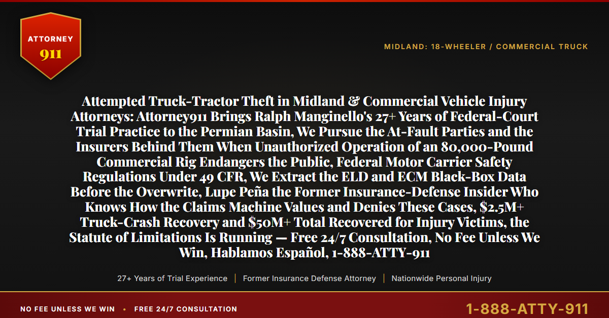 Attempted Truck-Tractor Theft in Midland & Commercial Vehicle Injury Attorneys: Attorney911 Brings Ralph Manginello's 27+ Years of Federal-Court Trial Practice to the Permian Basin, We Pursue the At-Fault Parties and the Insurers Behind Them When Unauthorized Operation of an 80,000-Pound Commercial Rig Endangers the Public, Federal Motor Carrier Safety Regulations Under 49 CFR, We Extract the ELD and ECM Black-Box Data Before the Overwrite, Lupe Peña the Former Insurance-Defense Insider Who Knows How the Claims Machine Values and Denies These Cases, $2.5M+ Truck-Crash Recovery and $50M+ Total Recovered for Injury Victims, the Statute of Limitations Is Running — Free 24/7 Consultation, No Fee Unless We Win, Hablamos Español, 1-888-ATTY-911 - Attorney911