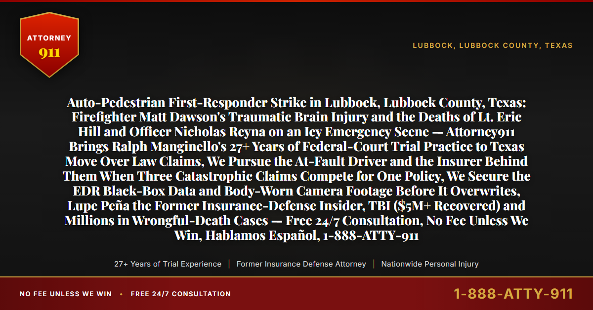 Auto-Pedestrian First-Responder Strike in Lubbock, Lubbock County, Texas: Firefighter Matt Dawson's Traumatic Brain Injury and the Deaths of Lt. Eric Hill and Officer Nicholas Reyna on an Icy Emergency Scene — Attorney911 Brings Ralph Manginello's 27+ Years of Federal-Court Trial Practice to Texas Move Over Law Claims, We Pursue the At-Fault Driver and the Insurer Behind Them When Three Catastrophic Claims Compete for One Policy, We Secure the EDR Black-Box Data and Body-Worn Camera Footage Before It Overwrites, Lupe Peña the Former Insurance-Defense Insider, TBI ($5M+ Recovered) and Millions in Wrongful-Death Cases — Free 24/7 Consultation, No Fee Unless We Win, Hablamos Español, 1-888-ATTY-911 - Attorney911