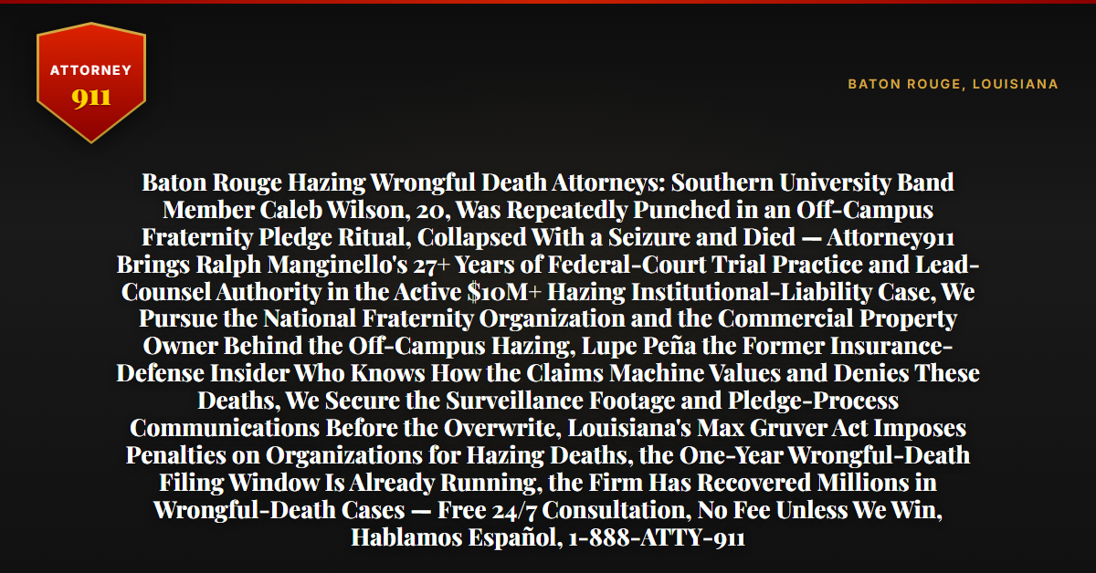 Baton Rouge Hazing Wrongful Death Attorneys: Southern University Band Member Caleb Wilson, 20, Was Repeatedly Punched in an Off-Campus Fraternity Pledge Ritual, Collapsed With a Seizure and Died — Attorney911 Brings Ralph Manginello's 27+ Years of Federal-Court Trial Practice and Lead-Counsel Authority in the Active $10M+ Hazing Institutional-Liability Case, We Pursue the National Fraternity Organization and the Commercial Property Owner Behind the Off-Campus Hazing, Lupe Peña the Former Insurance-Defense Insider Who Knows How the Claims Machine Values and Denies These Deaths, We Secure the Surveillance Footage and Pledge-Process Communications Before the Overwrite, Louisiana's Max Gruver Act Imposes Penalties on Organizations for Hazing Deaths, the One-Year Wrongful-Death Filing Window Is Already Running, the Firm Has Recovered Millions in Wrongful-Death Cases — Free 24/7 Consultation, No Fee Unless We Win, Hablamos Español, 1-888-ATTY-911 - Attorney911