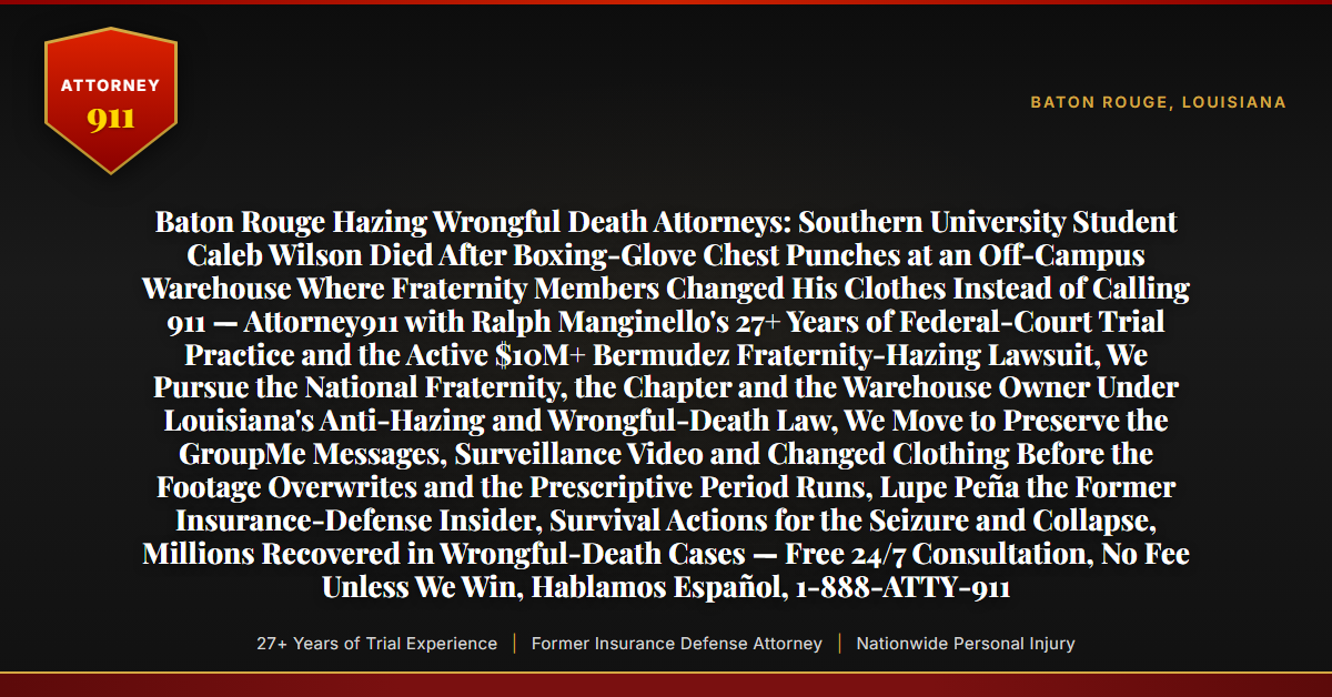 Baton Rouge Hazing Wrongful Death Attorneys: Southern University Student Caleb Wilson Died After Boxing-Glove Chest Punches at an Off-Campus Warehouse Where Fraternity Members Changed His Clothes Instead of Calling 911 — Attorney911 with Ralph Manginello's 27+ Years of Federal-Court Trial Practice and the Active $10M+ Bermudez Fraternity-Hazing Lawsuit, We Pursue the National Fraternity, the Chapter and the Warehouse Owner Under Louisiana's Anti-Hazing and Wrongful-Death Law, We Move to Preserve the GroupMe Messages, Surveillance Video and Changed Clothing Before the Footage Overwrites and the Prescriptive Period Runs, Lupe Peña the Former Insurance-Defense Insider, Survival Actions for the Seizure and Collapse, Millions Recovered in Wrongful-Death Cases — Free 24/7 Consultation, No Fee Unless We Win, Hablamos Español, 1-888-ATTY-911 - Attorney911