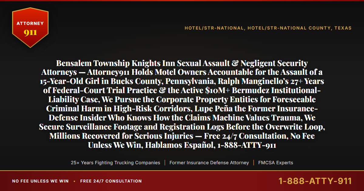 Bensalem Township Knights Inn Sexual Assault & Negligent Security Attorneys — Attorney911 Holds Motel Owners Accountable for the Assault of a 15-Year-Old Girl in Bucks County, Pennsylvania, Ralph Manginello’s 27+ Years of Federal-Court Trial Practice & the Active $10M+ Bermudez Institutional-Liability Case, We Pursue the Corporate Property Entities for Foreseeable Criminal Harm in High-Risk Corridors, Lupe Peña the Former Insurance-Defense Insider Who Knows How the Claims Machine Values Trauma, We Secure Surveillance Footage and Registration Logs Before the Overwrite Loop, Millions Recovered for Serious Injuries — Free 24/7 Consultation, No Fee Unless We Win, Hablamos Español, 1-888-ATTY-911 - Attorney911