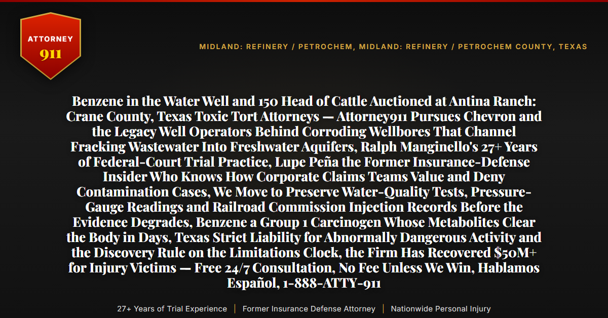 Benzene in the Water Well and 150 Head of Cattle Auctioned at Antina Ranch: Crane County, Texas Toxic Tort Attorneys — Attorney911 Pursues Chevron and the Legacy Well Operators Behind Corroding Wellbores That Channel Fracking Wastewater Into Freshwater Aquifers, Ralph Manginello's 27+ Years of Federal-Court Trial Practice, Lupe Peña the Former Insurance-Defense Insider Who Knows How Corporate Claims Teams Value and Deny Contamination Cases, We Move to Preserve Water-Quality Tests, Pressure-Gauge Readings and Railroad Commission Injection Records Before the Evidence Degrades, Benzene a Group 1 Carcinogen Whose Metabolites Clear the Body in Days, Texas Strict Liability for Abnormally Dangerous Activity and the Discovery Rule on the Limitations Clock, the Firm Has Recovered $50M+ for Injury Victims — Free 24/7 Consultation, No Fee Unless We Win, Hablamos Español, 1-888-ATTY-911 - Attorney911