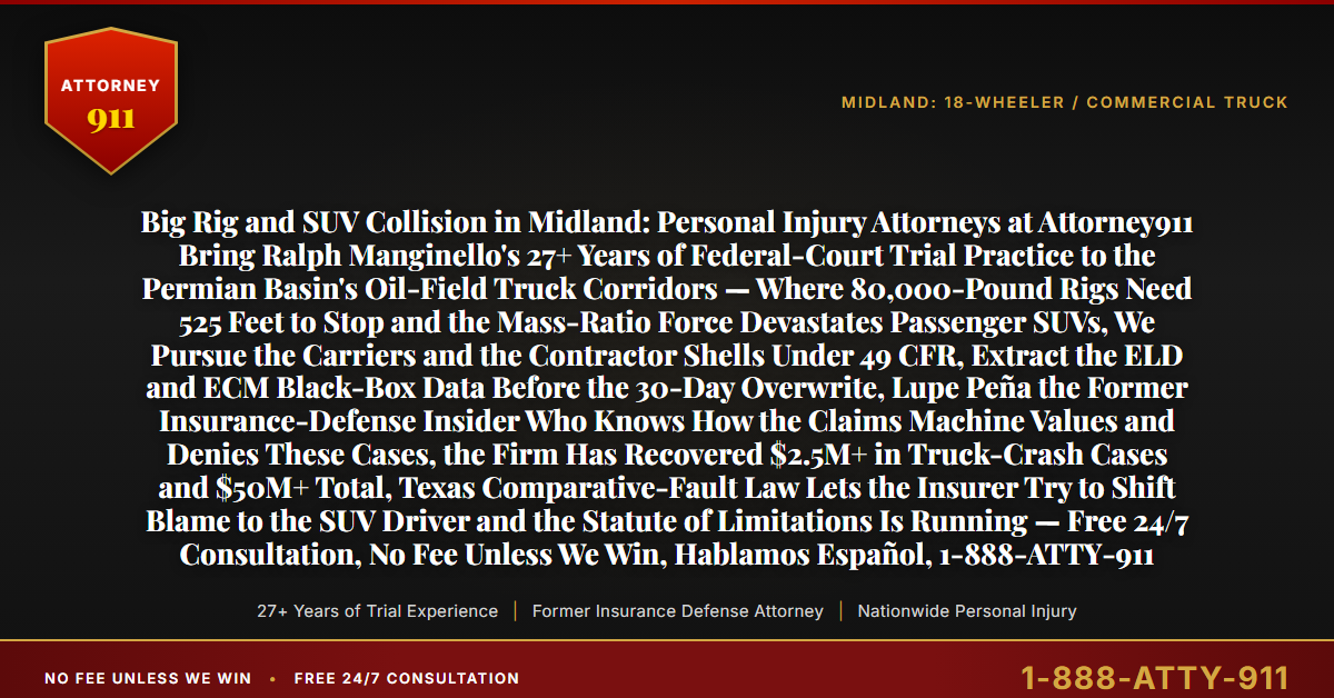 Big Rig and SUV Collision in Midland: Personal Injury Attorneys at Attorney911 Bring Ralph Manginello's 27+ Years of Federal-Court Trial Practice to the Permian Basin's Oil-Field Truck Corridors — Where 80,000-Pound Rigs Need 525 Feet to Stop and the Mass-Ratio Force Devastates Passenger SUVs, We Pursue the Carriers and the Contractor Shells Under 49 CFR, Extract the ELD and ECM Black-Box Data Before the 30-Day Overwrite, Lupe Peña the Former Insurance-Defense Insider Who Knows How the Claims Machine Values and Denies These Cases, the Firm Has Recovered $2.5M+ in Truck-Crash Cases and $50M+ Total, Texas Comparative-Fault Law Lets the Insurer Try to Shift Blame to the SUV Driver and the Statute of Limitations Is Running — Free 24/7 Consultation, No Fee Unless We Win, Hablamos Español, 1-888-ATTY-911 - Attorney911