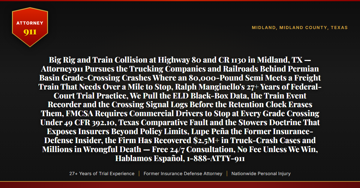Big Rig and Train Collision at Highway 80 and CR 1130 in Midland, TX — Attorney911 Pursues the Trucking Companies and Railroads Behind Permian Basin Grade-Crossing Crashes Where an 80,000-Pound Semi Meets a Freight Train That Needs Over a Mile to Stop, Ralph Manginello's 27+ Years of Federal-Court Trial Practice, We Pull the ELD Black-Box Data, the Train Event Recorder and the Crossing Signal Logs Before the Retention Clock Erases Them, FMCSA Requires Commercial Drivers to Stop at Every Grade Crossing Under 49 CFR 392.10, Texas Comparative Fault and the Stowers Doctrine That Exposes Insurers Beyond Policy Limits, Lupe Peña the Former Insurance-Defense Insider, the Firm Has Recovered $2.5M+ in Truck-Crash Cases and Millions in Wrongful Death — Free 24/7 Consultation, No Fee Unless We Win, Hablamos Español, 1-888-ATTY-911 - Attorney911