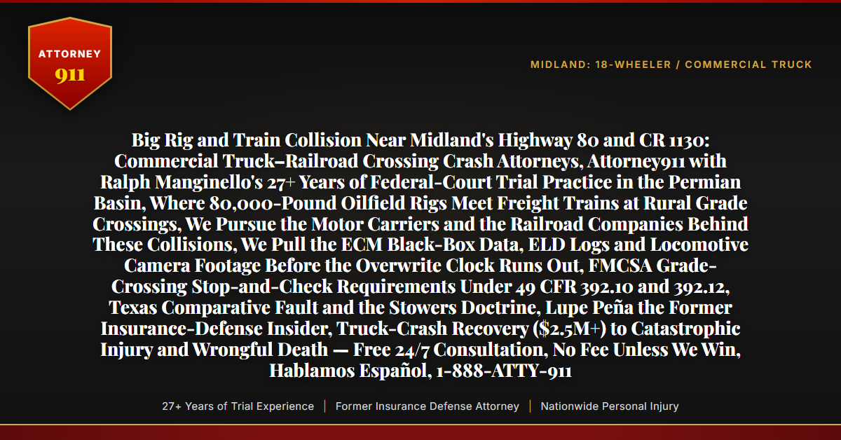 Big Rig and Train Collision Near Midland's Highway 80 and CR 1130: Commercial Truck–Railroad Crossing Crash Attorneys, Attorney911 with Ralph Manginello's 27+ Years of Federal-Court Trial Practice in the Permian Basin, Where 80,000-Pound Oilfield Rigs Meet Freight Trains at Rural Grade Crossings, We Pursue the Motor Carriers and the Railroad Companies Behind These Collisions, We Pull the ECM Black-Box Data, ELD Logs and Locomotive Camera Footage Before the Overwrite Clock Runs Out, FMCSA Grade-Crossing Stop-and-Check Requirements Under 49 CFR 392.10 and 392.12, Texas Comparative Fault and the Stowers Doctrine, Lupe Peña the Former Insurance-Defense Insider, Truck-Crash Recovery ($2.5M+) to Catastrophic Injury and Wrongful Death — Free 24/7 Consultation, No Fee Unless We Win, Hablamos Español, 1-888-ATTY-911 - Attorney911