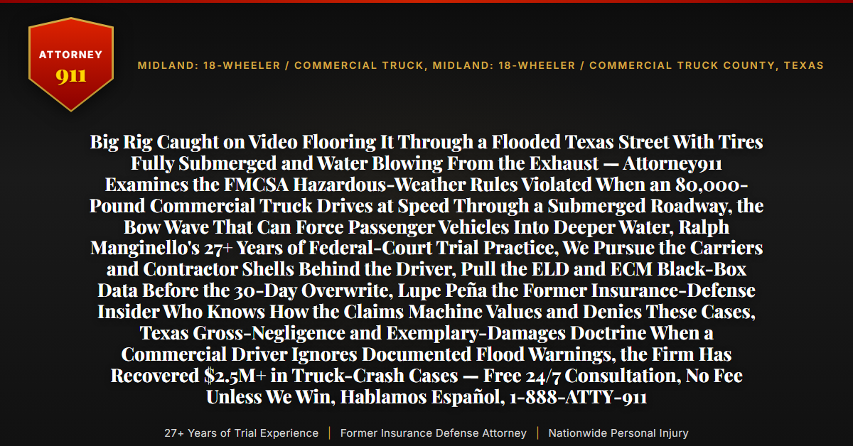 Big Rig Caught on Video Flooring It Through a Flooded Texas Street With Tires Fully Submerged and Water Blowing From the Exhaust — Attorney911 Examines the FMCSA Hazardous-Weather Rules Violated When an 80,000-Pound Commercial Truck Drives at Speed Through a Submerged Roadway, the Bow Wave That Can Force Passenger Vehicles Into Deeper Water, Ralph Manginello's 27+ Years of Federal-Court Trial Practice, We Pursue the Carriers and Contractor Shells Behind the Driver, Pull the ELD and ECM Black-Box Data Before the 30-Day Overwrite, Lupe Peña the Former Insurance-Defense Insider Who Knows How the Claims Machine Values and Denies These Cases, Texas Gross-Negligence and Exemplary-Damages Doctrine When a Commercial Driver Ignores Documented Flood Warnings, the Firm Has Recovered $2.5M+ in Truck-Crash Cases — Free 24/7 Consultation, No Fee Unless We Win, Hablamos Español, 1-888-ATTY-911 - Attorney911