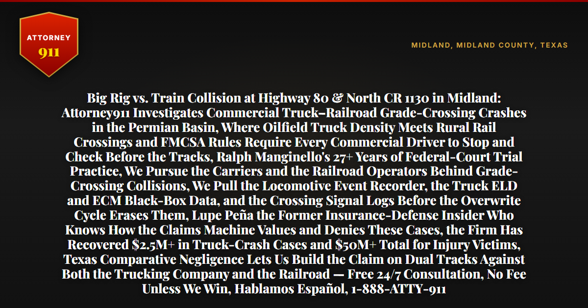 Big Rig vs. Train Collision at Highway 80 & North CR 1130 in Midland: Attorney911 Investigates Commercial Truck–Railroad Grade-Crossing Crashes in the Permian Basin, Where Oilfield Truck Density Meets Rural Rail Crossings and FMCSA Rules Require Every Commercial Driver to Stop and Check Before the Tracks, Ralph Manginello's 27+ Years of Federal-Court Trial Practice, We Pursue the Carriers and the Railroad Operators Behind Grade-Crossing Collisions, We Pull the Locomotive Event Recorder, the Truck ELD and ECM Black-Box Data, and the Crossing Signal Logs Before the Overwrite Cycle Erases Them, Lupe Peña the Former Insurance-Defense Insider Who Knows How the Claims Machine Values and Denies These Cases, the Firm Has Recovered $2.5M+ in Truck-Crash Cases and $50M+ Total for Injury Victims, Texas Comparative Negligence Lets Us Build the Claim on Dual Tracks Against Both the Trucking Company and the Railroad — Free 24/7 Consultation, No Fee Unless We Win, Hablamos Español, 1-888-ATTY-911 - Attorney911
