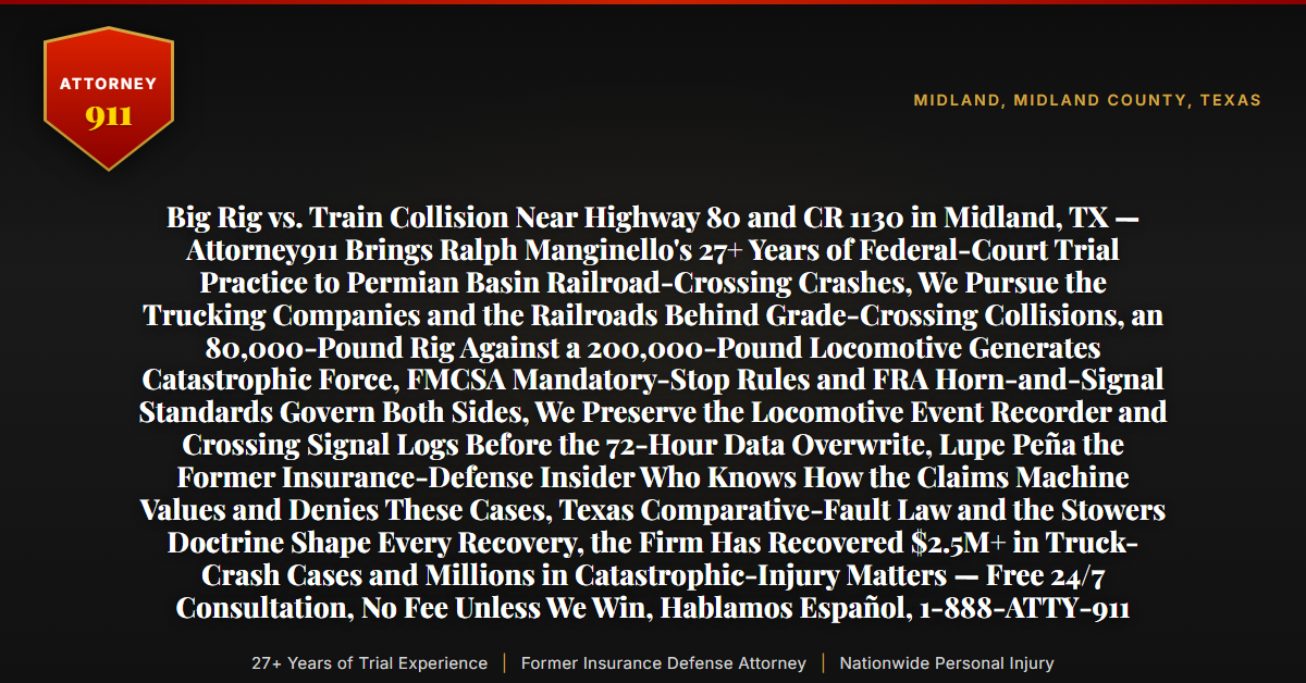 Big Rig vs. Train Collision Near Highway 80 and CR 1130 in Midland, TX — Attorney911 Brings Ralph Manginello's 27+ Years of Federal-Court Trial Practice to Permian Basin Railroad-Crossing Crashes, We Pursue the Trucking Companies and the Railroads Behind Grade-Crossing Collisions, an 80,000-Pound Rig Against a 200,000-Pound Locomotive Generates Catastrophic Force, FMCSA Mandatory-Stop Rules and FRA Horn-and-Signal Standards Govern Both Sides, We Preserve the Locomotive Event Recorder and Crossing Signal Logs Before the 72-Hour Data Overwrite, Lupe Peña the Former Insurance-Defense Insider Who Knows How the Claims Machine Values and Denies These Cases, Texas Comparative-Fault Law and the Stowers Doctrine Shape Every Recovery, the Firm Has Recovered $2.5M+ in Truck-Crash Cases and Millions in Catastrophic-Injury Matters — Free 24/7 Consultation, No Fee Unless We Win, Hablamos Español, 1-888-ATTY-911 - Attorney911