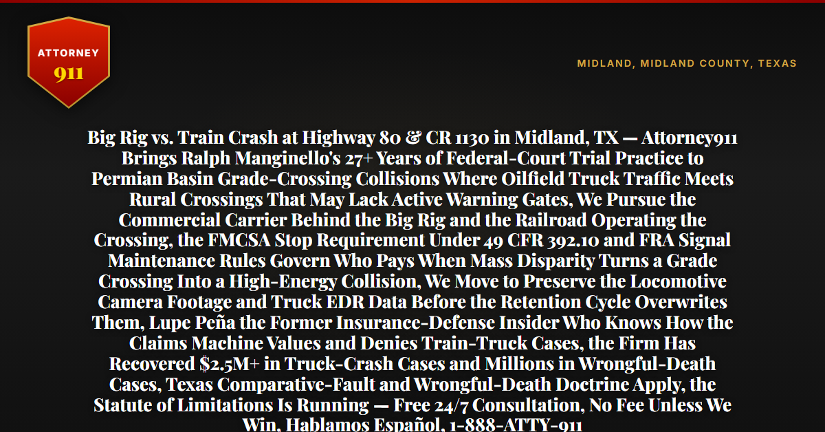 Big Rig vs. Train Crash at Highway 80 & CR 1130 in Midland, TX — Attorney911 Brings Ralph Manginello's 27+ Years of Federal-Court Trial Practice to Permian Basin Grade-Crossing Collisions Where Oilfield Truck Traffic Meets Rural Crossings That May Lack Active Warning Gates, We Pursue the Commercial Carrier Behind the Big Rig and the Railroad Operating the Crossing, the FMCSA Stop Requirement Under 49 CFR 392.10 and FRA Signal Maintenance Rules Govern Who Pays When Mass Disparity Turns a Grade Crossing Into a High-Energy Collision, We Move to Preserve the Locomotive Camera Footage and Truck EDR Data Before the Retention Cycle Overwrites Them, Lupe Peña the Former Insurance-Defense Insider Who Knows How the Claims Machine Values and Denies Train-Truck Cases, the Firm Has Recovered $2.5M+ in Truck-Crash Cases and Millions in Wrongful-Death Cases, Texas Comparative-Fault and Wrongful-Death Doctrine Apply, the Statute of Limitations Is Running — Free 24/7 Consultation, No Fee Unless We Win, Hablamos Español, 1-888-ATTY-911 - Attorney911