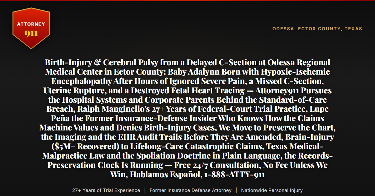 Birth-Injury & Cerebral Palsy from a Delayed C-Section at Odessa Regional Medical Center in Ector County: Baby Adalynn Born with Hypoxic-Ischemic Encephalopathy After Hours of Ignored Severe Pain, a Missed C-Section, Uterine Rupture, and a Destroyed Fetal Heart Tracing — Attorney911 Pursues the Hospital Systems and Corporate Parents Behind the Standard-of-Care Breach, Ralph Manginello's 27+ Years of Federal-Court Trial Practice, Lupe Peña the Former Insurance-Defense Insider Who Knows How the Claims Machine Values and Denies Birth-Injury Cases, We Move to Preserve the Chart, the Imaging and the EHR Audit Trails Before They Are Amended, Brain-Injury ($5M+ Recovered) to Lifelong-Care Catastrophic Claims, Texas Medical-Malpractice Law and the Spoliation Doctrine in Plain Language, the Records-Preservation Clock Is Running — Free 24/7 Consultation, No Fee Unless We Win, Hablamos Español, 1-888-ATTY-911 - Attorney911