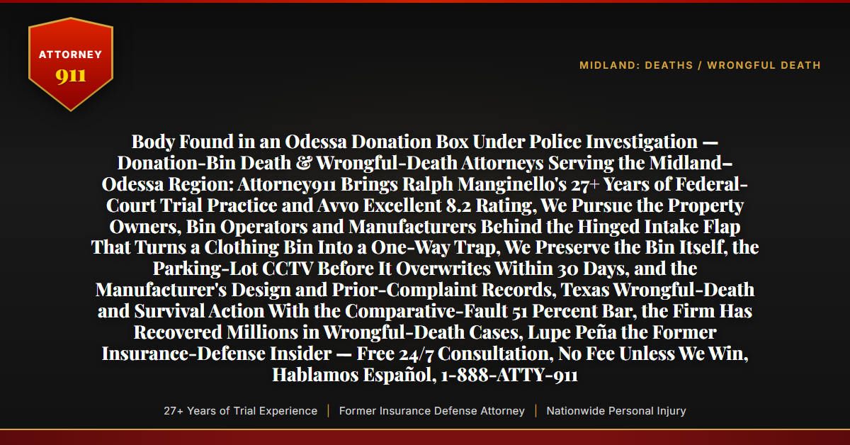 Body Found in an Odessa Donation Box Under Police Investigation — Donation-Bin Death & Wrongful-Death Attorneys Serving the Midland–Odessa Region: Attorney911 Brings Ralph Manginello's 27+ Years of Federal-Court Trial Practice and Avvo Excellent 8.2 Rating, We Pursue the Property Owners, Bin Operators and Manufacturers Behind the Hinged Intake Flap That Turns a Clothing Bin Into a One-Way Trap, We Preserve the Bin Itself, the Parking-Lot CCTV Before It Overwrites Within 30 Days, and the Manufacturer's Design and Prior-Complaint Records, Texas Wrongful-Death and Survival Action With the Comparative-Fault 51 Percent Bar, the Firm Has Recovered Millions in Wrongful-Death Cases, Lupe Peña the Former Insurance-Defense Insider — Free 24/7 Consultation, No Fee Unless We Win, Hablamos Español, 1-888-ATTY-911 - Attorney911