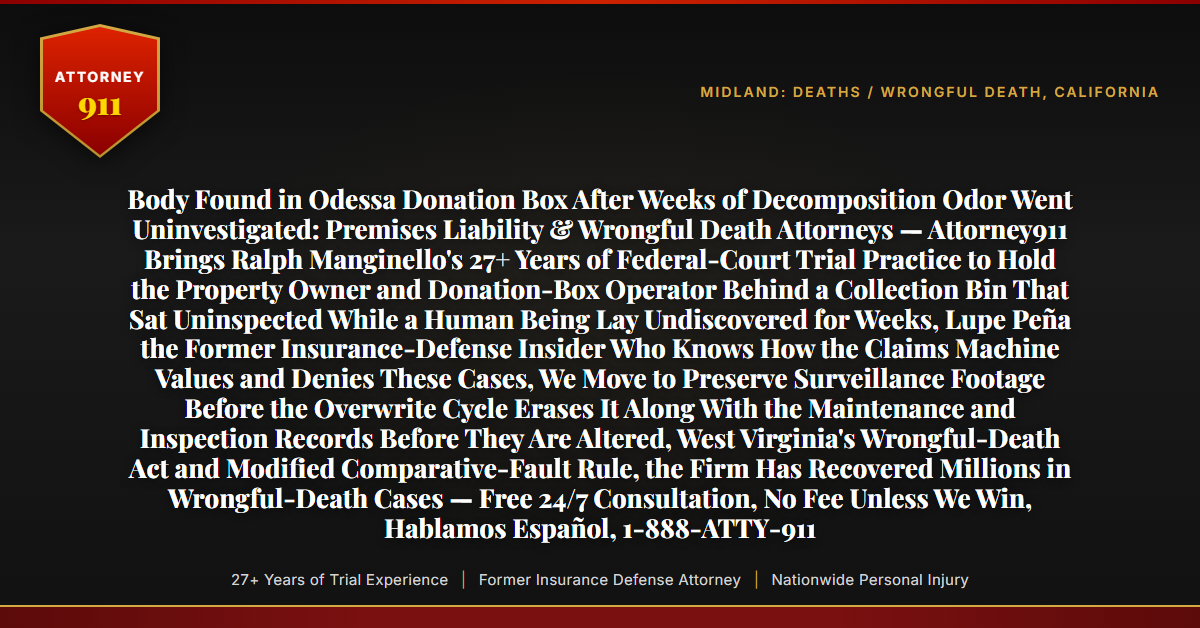 Body Found in Odessa Donation Box After Weeks of Decomposition Odor Went Uninvestigated: Premises Liability & Wrongful Death Attorneys — Attorney911 Brings Ralph Manginello's 27+ Years of Federal-Court Trial Practice to Hold the Property Owner and Donation-Box Operator Behind a Collection Bin That Sat Uninspected While a Human Being Lay Undiscovered for Weeks, Lupe Peña the Former Insurance-Defense Insider Who Knows How the Claims Machine Values and Denies These Cases, We Move to Preserve Surveillance Footage Before the Overwrite Cycle Erases It Along With the Maintenance and Inspection Records Before They Are Altered, West Virginia's Wrongful-Death Act and Modified Comparative-Fault Rule, the Firm Has Recovered Millions in Wrongful-Death Cases — Free 24/7 Consultation, No Fee Unless We Win, Hablamos Español, 1-888-ATTY-911 - Attorney911