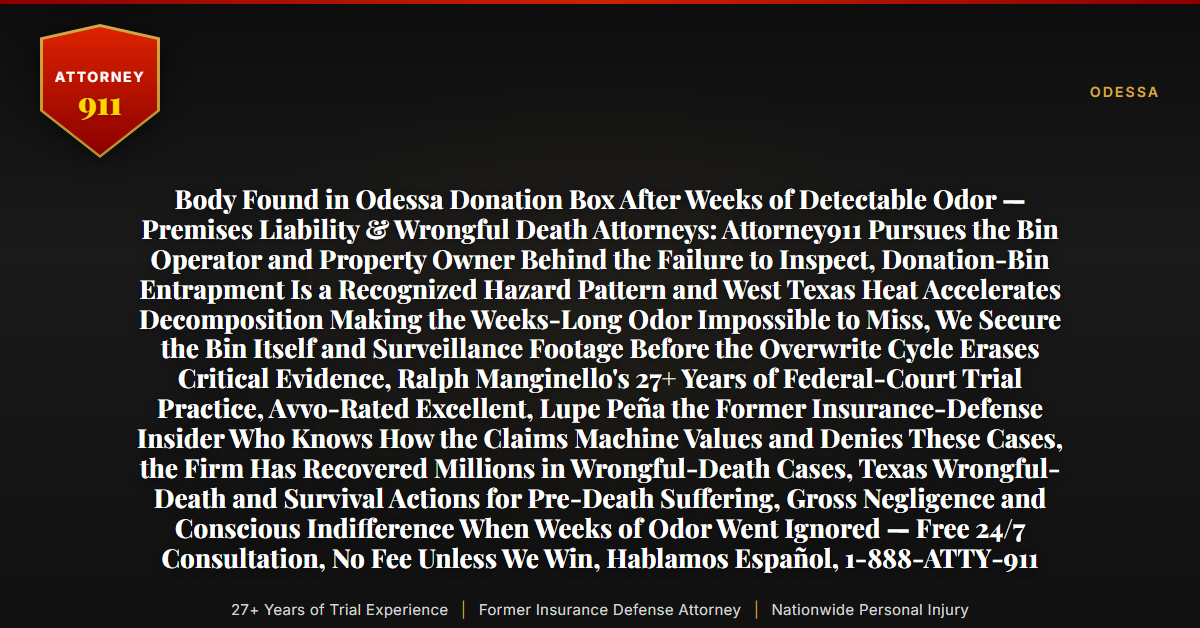 Body Found in Odessa Donation Box After Weeks of Detectable Odor — Premises Liability & Wrongful Death Attorneys: Attorney911 Pursues the Bin Operator and Property Owner Behind the Failure to Inspect, Donation-Bin Entrapment Is a Recognized Hazard Pattern and West Texas Heat Accelerates Decomposition Making the Weeks-Long Odor Impossible to Miss, We Secure the Bin Itself and Surveillance Footage Before the Overwrite Cycle Erases Critical Evidence, Ralph Manginello's 27+ Years of Federal-Court Trial Practice, Avvo-Rated Excellent, Lupe Peña the Former Insurance-Defense Insider Who Knows How the Claims Machine Values and Denies These Cases, the Firm Has Recovered Millions in Wrongful-Death Cases, Texas Wrongful-Death and Survival Actions for Pre-Death Suffering, Gross Negligence and Conscious Indifference When Weeks of Odor Went Ignored — Free 24/7 Consultation, No Fee Unless We Win, Hablamos Español, 1-888-ATTY-911 - Attorney911