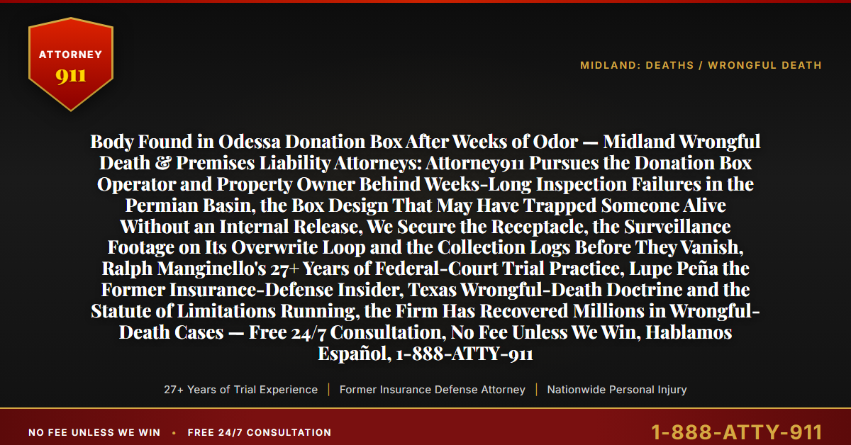 Body Found in Odessa Donation Box After Weeks of Odor — Midland Wrongful Death & Premises Liability Attorneys: Attorney911 Pursues the Donation Box Operator and Property Owner Behind Weeks-Long Inspection Failures in the Permian Basin, the Box Design That May Have Trapped Someone Alive Without an Internal Release, We Secure the Receptacle, the Surveillance Footage on Its Overwrite Loop and the Collection Logs Before They Vanish, Ralph Manginello's 27+ Years of Federal-Court Trial Practice, Lupe Peña the Former Insurance-Defense Insider, Texas Wrongful-Death Doctrine and the Statute of Limitations Running, the Firm Has Recovered Millions in Wrongful-Death Cases — Free 24/7 Consultation, No Fee Unless We Win, Hablamos Español, 1-888-ATTY-911 - Attorney911