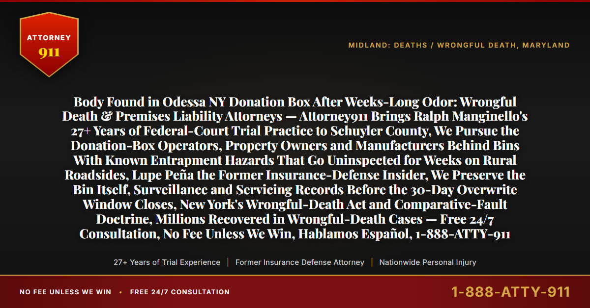 Body Found in Odessa NY Donation Box After Weeks-Long Odor: Wrongful Death & Premises Liability Attorneys — Attorney911 Brings Ralph Manginello's 27+ Years of Federal-Court Trial Practice to Schuyler County, We Pursue the Donation-Box Operators, Property Owners and Manufacturers Behind Bins With Known Entrapment Hazards That Go Uninspected for Weeks on Rural Roadsides, Lupe Peña the Former Insurance-Defense Insider, We Preserve the Bin Itself, Surveillance and Servicing Records Before the 30-Day Overwrite Window Closes, New York's Wrongful-Death Act and Comparative-Fault Doctrine, Millions Recovered in Wrongful-Death Cases — Free 24/7 Consultation, No Fee Unless We Win, Hablamos Español, 1-888-ATTY-911 - Attorney911