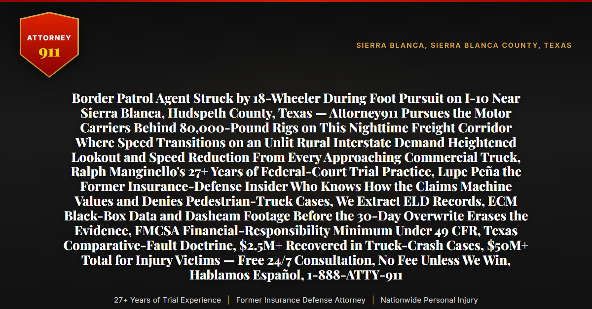 Border Patrol Agent Struck by 18-Wheeler During Foot Pursuit on I-10 Near Sierra Blanca, Hudspeth County, Texas — Attorney911 Pursues the Motor Carriers Behind 80,000-Pound Rigs on This Nighttime Freight Corridor Where Speed Transitions on an Unlit Rural Interstate Demand Heightened Lookout and Speed Reduction From Every Approaching Commercial Truck, Ralph Manginello's 27+ Years of Federal-Court Trial Practice, Lupe Peña the Former Insurance-Defense Insider Who Knows How the Claims Machine Values and Denies Pedestrian-Truck Cases, We Extract ELD Records, ECM Black-Box Data and Dashcam Footage Before the 30-Day Overwrite Erases the Evidence, FMCSA Financial-Responsibility Minimum Under 49 CFR, Texas Comparative-Fault Doctrine, $2.5M+ Recovered in Truck-Crash Cases, $50M+ Total for Injury Victims — Free 24/7 Consultation, No Fee Unless We Win, Hablamos Español, 1-888-ATTY-911 - Attorney911