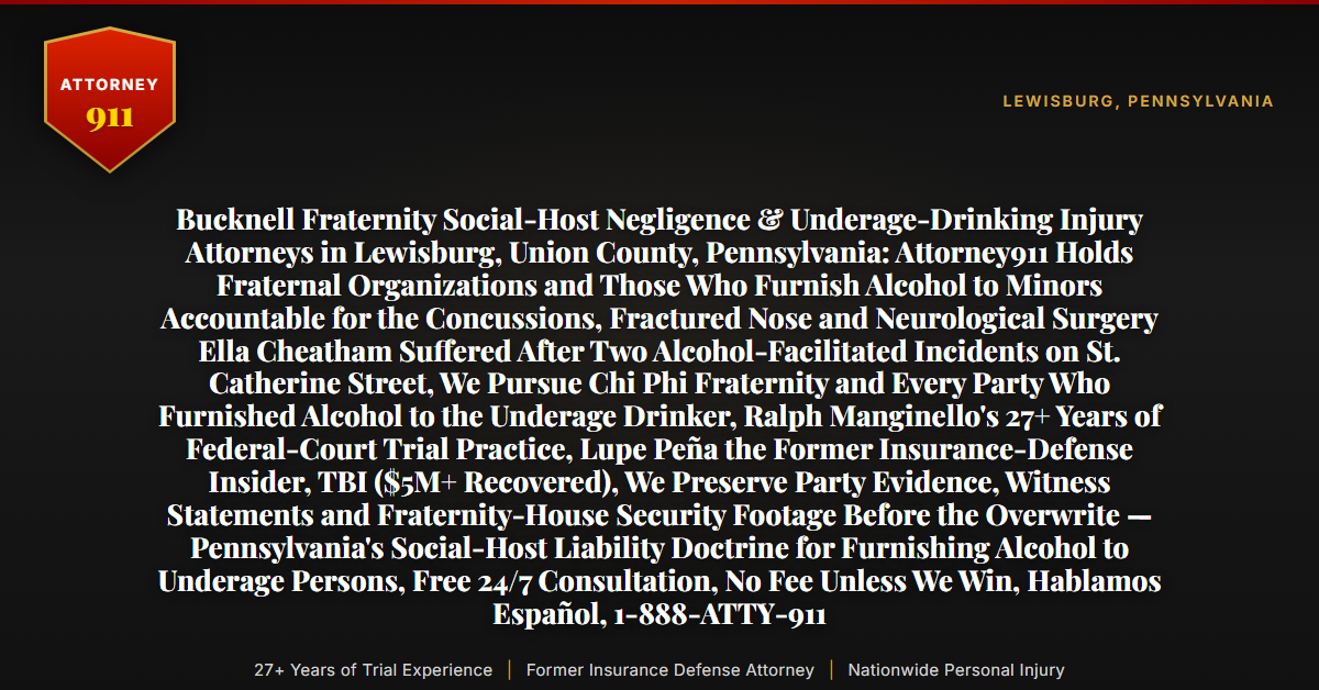 Bucknell Fraternity Social-Host Negligence & Underage-Drinking Injury Attorneys in Lewisburg, Union County, Pennsylvania: Attorney911 Holds Fraternal Organizations and Those Who Furnish Alcohol to Minors Accountable for the Concussions, Fractured Nose and Neurological Surgery Ella Cheatham Suffered After Two Alcohol-Facilitated Incidents on St. Catherine Street, We Pursue Chi Phi Fraternity and Every Party Who Furnished Alcohol to the Underage Drinker, Ralph Manginello's 27+ Years of Federal-Court Trial Practice, Lupe Peña the Former Insurance-Defense Insider, TBI ($5M+ Recovered), We Preserve Party Evidence, Witness Statements and Fraternity-House Security Footage Before the Overwrite — Pennsylvania's Social-Host Liability Doctrine for Furnishing Alcohol to Underage Persons, Free 24/7 Consultation, No Fee Unless We Win, Hablamos Español, 1-888-ATTY-911 - Attorney911