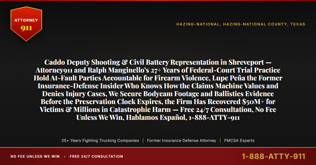 Caddo Deputy Shooting & Civil Battery Representation in Shreveport — Attorney911 and Ralph Manginello’s 27+ Years of Federal-Court Trial Practice Hold At-Fault Parties Accountable for Firearm Violence, Lupe Peña the Former Insurance-Defense Insider Who Knows How the Claims Machine Values and Denies Injury Cases, We Secure Bodycam Footage and Ballistics Evidence Before the Preservation Clock Expires, the Firm Has Recovered $50M+ for Victims & Millions in Catastrophic Harm — Free 24/7 Consultation, No Fee Unless We Win, Hablamos Español, 1-888-ATTY-911 - Attorney911