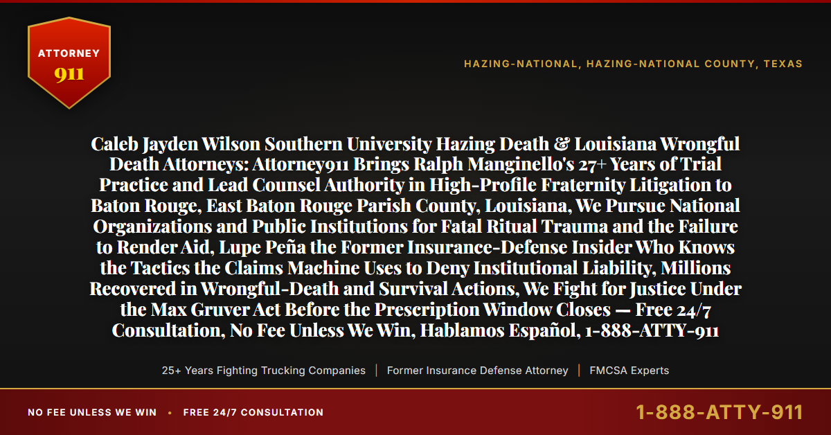 Caleb Jayden Wilson Southern University Hazing Death & Louisiana Wrongful Death Attorneys: Attorney911 Brings Ralph Manginello's 27+ Years of Trial Practice and Lead Counsel Authority in High-Profile Fraternity Litigation to Baton Rouge, East Baton Rouge Parish County, Louisiana, We Pursue National Organizations and Public Institutions for Fatal Ritual Trauma and the Failure to Render Aid, Lupe Peña the Former Insurance-Defense Insider Who Knows the Tactics the Claims Machine Uses to Deny Institutional Liability, Millions Recovered in Wrongful-Death and Survival Actions, We Fight for Justice Under the Max Gruver Act Before the Prescription Window Closes — Free 24/7 Consultation, No Fee Unless We Win, Hablamos Español, 1-888-ATTY-911 - Attorney911