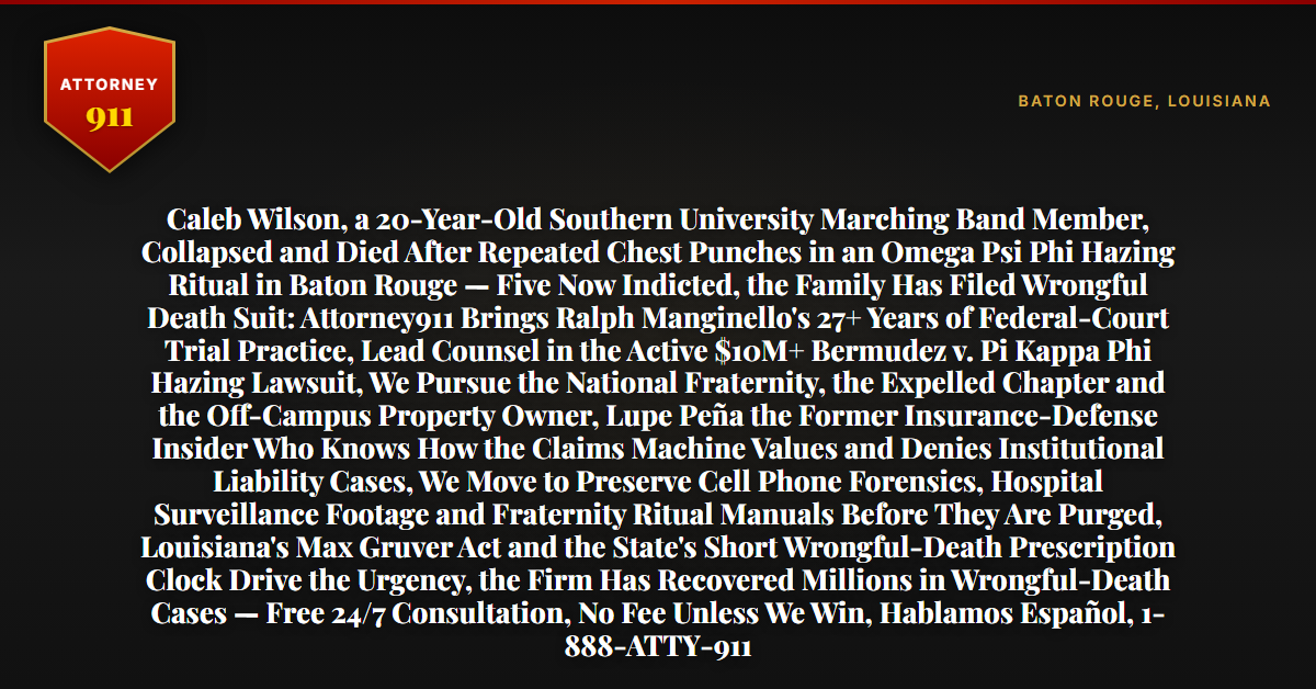 Caleb Wilson, a 20-Year-Old Southern University Marching Band Member, Collapsed and Died After Repeated Chest Punches in an Omega Psi Phi Hazing Ritual in Baton Rouge — Five Now Indicted, the Family Has Filed Wrongful Death Suit: Attorney911 Brings Ralph Manginello's 27+ Years of Federal-Court Trial Practice, Lead Counsel in the Active $10M+ Bermudez v. Pi Kappa Phi Hazing Lawsuit, We Pursue the National Fraternity, the Expelled Chapter and the Off-Campus Property Owner, Lupe Peña the Former Insurance-Defense Insider Who Knows How the Claims Machine Values and Denies Institutional Liability Cases, We Move to Preserve Cell Phone Forensics, Hospital Surveillance Footage and Fraternity Ritual Manuals Before They Are Purged, Louisiana's Max Gruver Act and the State's Short Wrongful-Death Prescription Clock Drive the Urgency, the Firm Has Recovered Millions in Wrongful-Death Cases — Free 24/7 Consultation, No Fee Unless We Win, Hablamos Español, 1-888-ATTY-911 - Attorney911