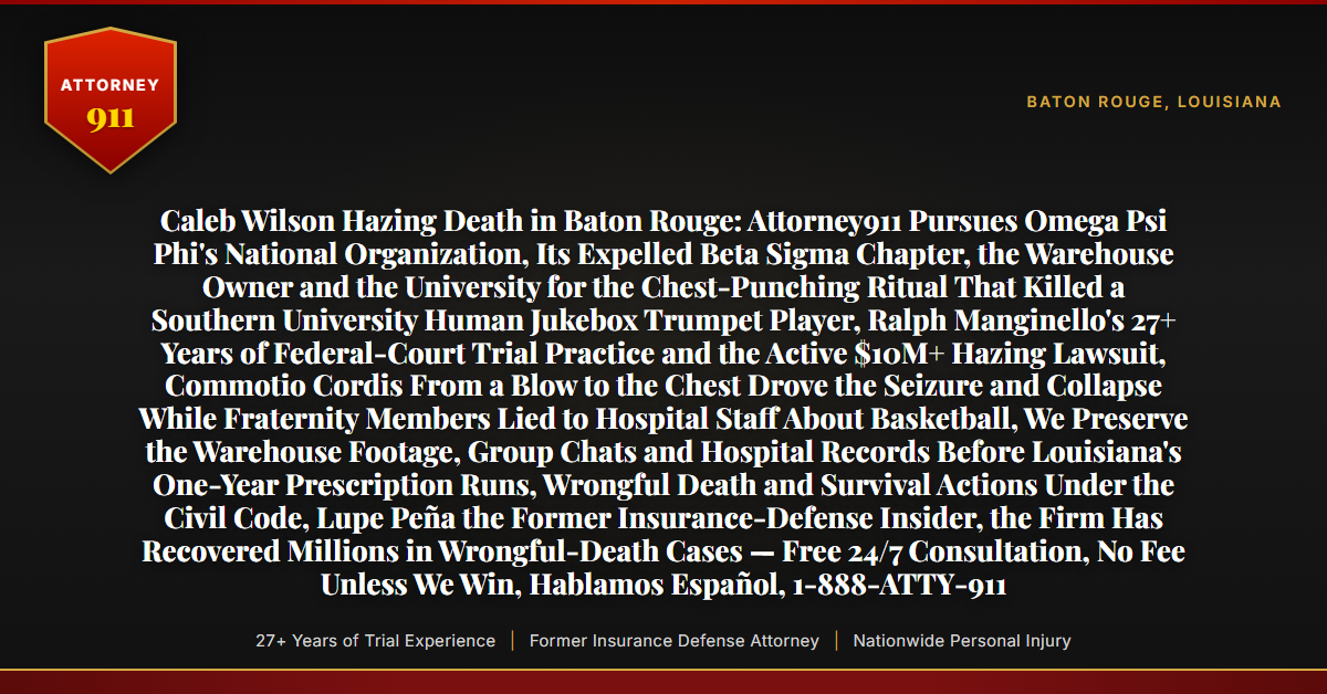 Caleb Wilson Hazing Death in Baton Rouge: Attorney911 Pursues Omega Psi Phi's National Organization, Its Expelled Beta Sigma Chapter, the Warehouse Owner and the University for the Chest-Punching Ritual That Killed a Southern University Human Jukebox Trumpet Player, Ralph Manginello's 27+ Years of Federal-Court Trial Practice and the Active $10M+ Hazing Lawsuit, Commotio Cordis From a Blow to the Chest Drove the Seizure and Collapse While Fraternity Members Lied to Hospital Staff About Basketball, We Preserve the Warehouse Footage, Group Chats and Hospital Records Before Louisiana's One-Year Prescription Runs, Wrongful Death and Survival Actions Under the Civil Code, Lupe Peña the Former Insurance-Defense Insider, the Firm Has Recovered Millions in Wrongful-Death Cases — Free 24/7 Consultation, No Fee Unless We Win, Hablamos Español, 1-888-ATTY-911 - Attorney911
