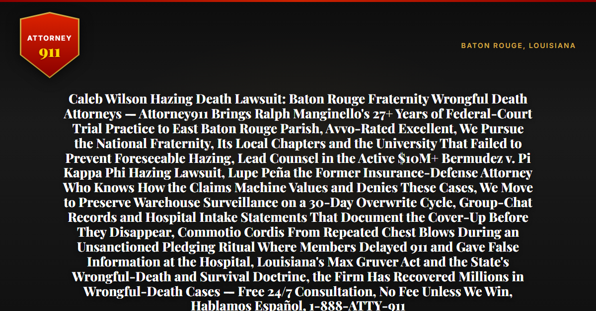 Caleb Wilson Hazing Death Lawsuit: Baton Rouge Fraternity Wrongful Death Attorneys — Attorney911 Brings Ralph Manginello's 27+ Years of Federal-Court Trial Practice to East Baton Rouge Parish, Avvo-Rated Excellent, We Pursue the National Fraternity, Its Local Chapters and the University That Failed to Prevent Foreseeable Hazing, Lead Counsel in the Active $10M+ Bermudez v. Pi Kappa Phi Hazing Lawsuit, Lupe Peña the Former Insurance-Defense Attorney Who Knows How the Claims Machine Values and Denies These Cases, We Move to Preserve Warehouse Surveillance on a 30-Day Overwrite Cycle, Group-Chat Records and Hospital Intake Statements That Document the Cover-Up Before They Disappear, Commotio Cordis From Repeated Chest Blows During an Unsanctioned Pledging Ritual Where Members Delayed 911 and Gave False Information at the Hospital, Louisiana's Max Gruver Act and the State's Wrongful-Death and Survival Doctrine, the Firm Has Recovered Millions in Wrongful-Death Cases — Free 24/7 Consultation, No Fee Unless We Win, Hablamos Español, 1-888-ATTY-911 - Attorney911